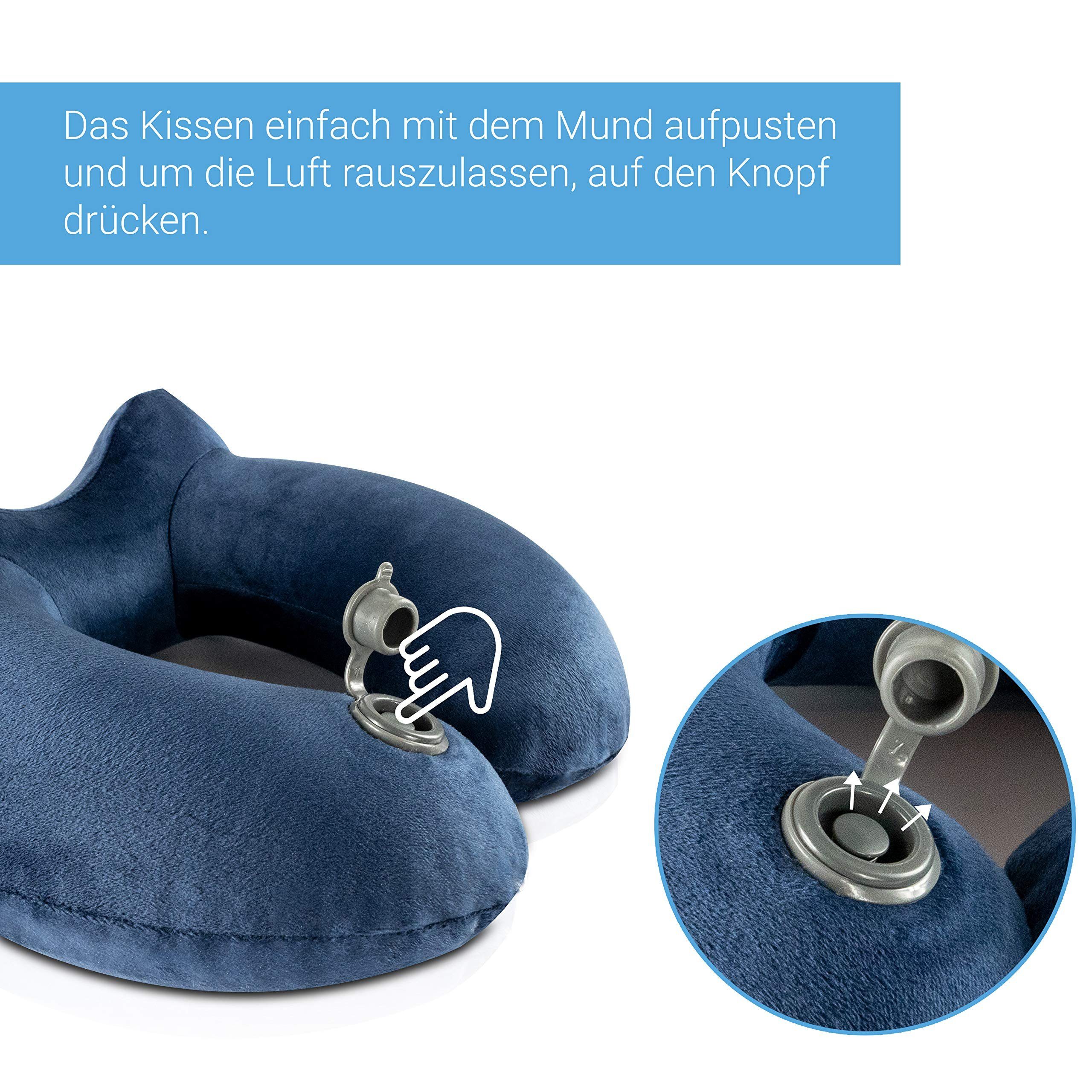 Nackenstützkissen Reisekissen aufblasbar mit Schlafmaske, Ohrstöpsel & Transporttasche, MNT10, Aufblasbares Nackenkissen mit samt-weichem Bezug