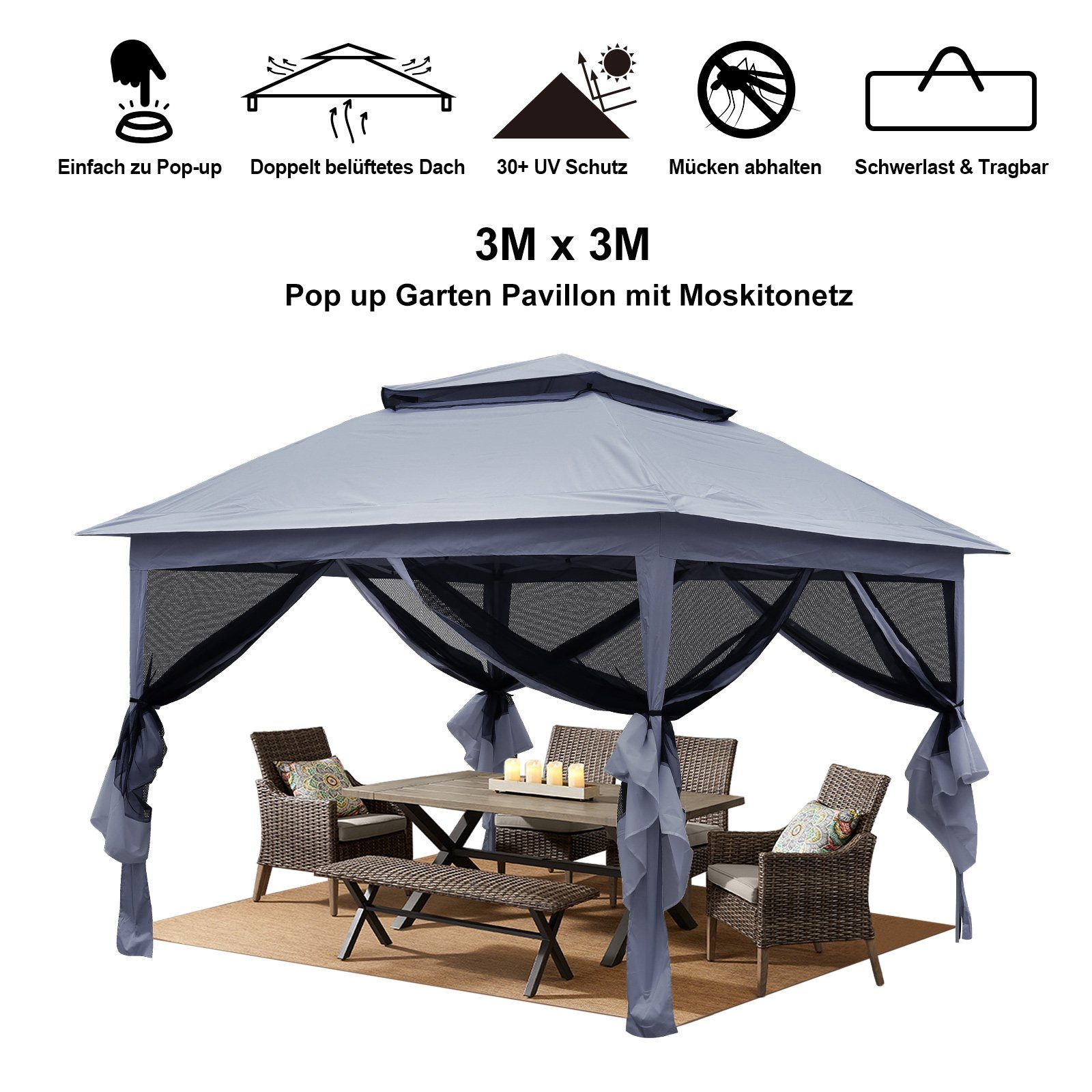 CLIPOP Faltpavillon 3.2x3.2M Doppeldach-Pavillon, mit 4 Seitenteilen Gartenzelt