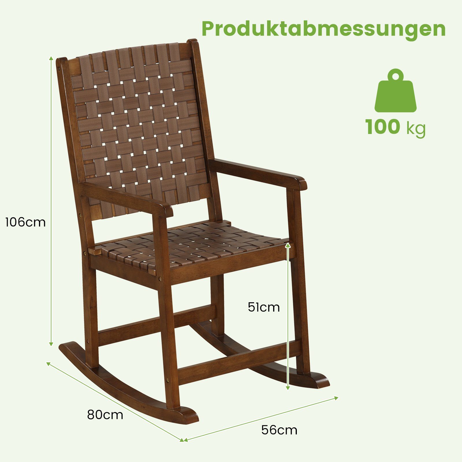 COSTWAY Schaukelstuhl, Garten, mit Armlehne, Wippfunktion, Holz, 100kg