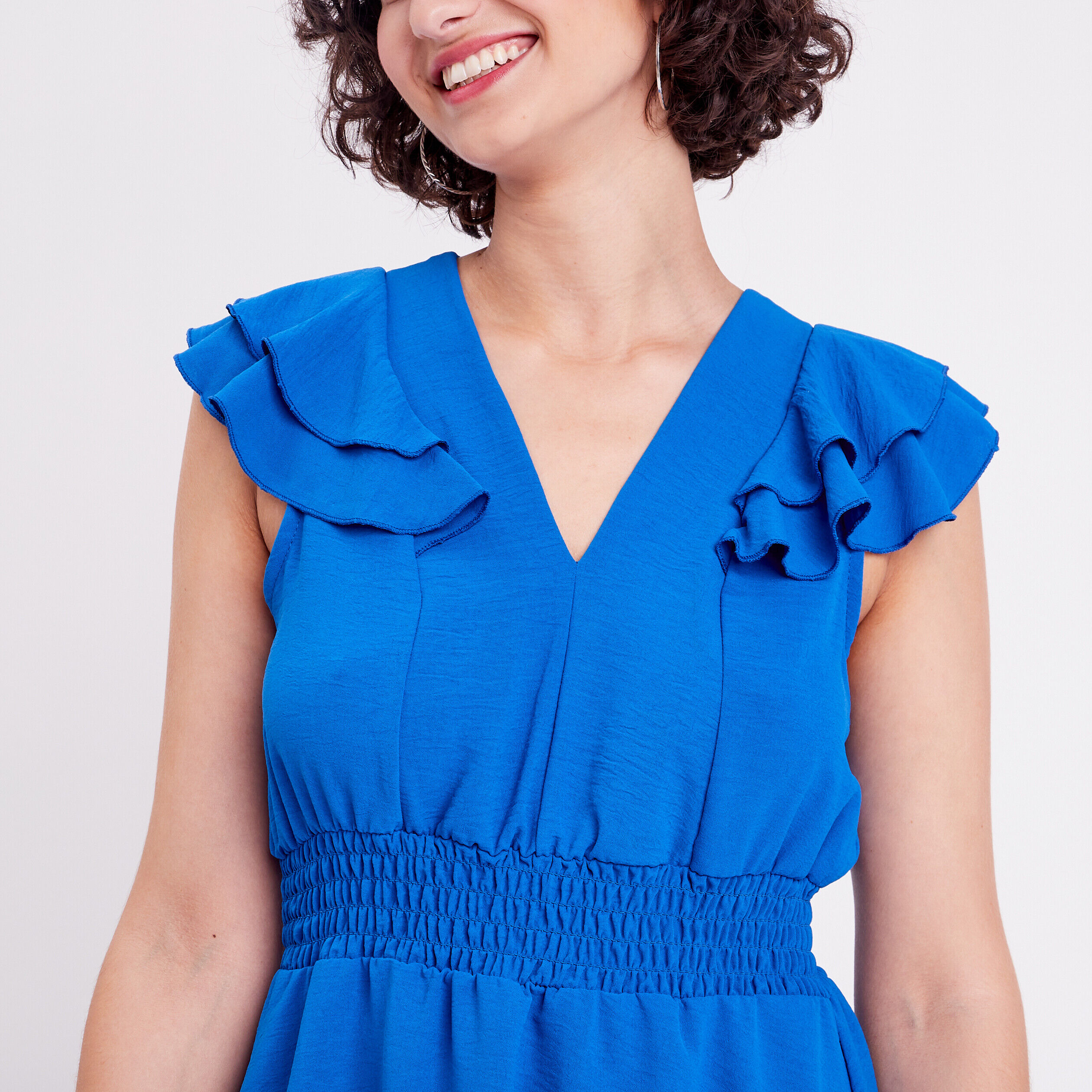 Robe évasée avec volants bleu roi femme | Cache Cache