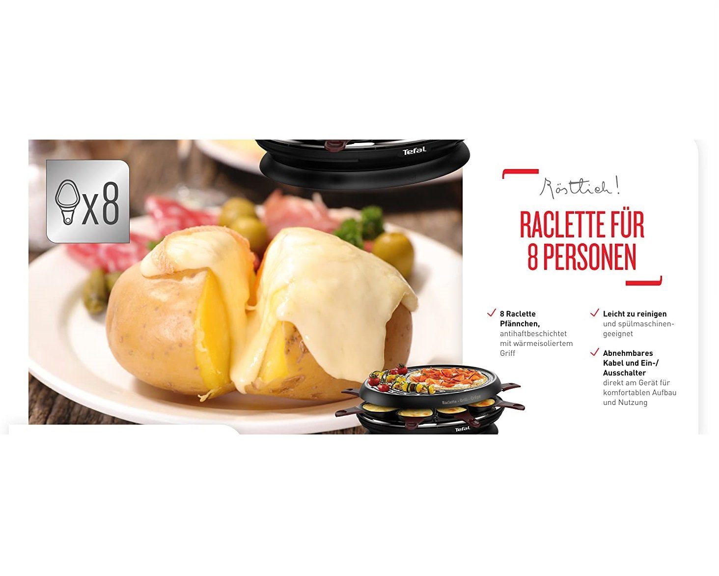 Tefal Raclette und Fondue-Set RE320 Store'In Raclette, Raclette, Grill & Crêpe, Spülmaschinenfest, 8 Raclettepfännchen, 1050,00 W, Tischgrill min 2 Personen max 8 Personen Grillplatte abnehmbar Raklett