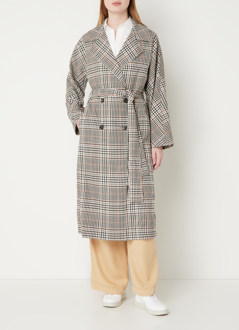 French Connection Dandy double-breasted trench coat with check pattern and bow belt