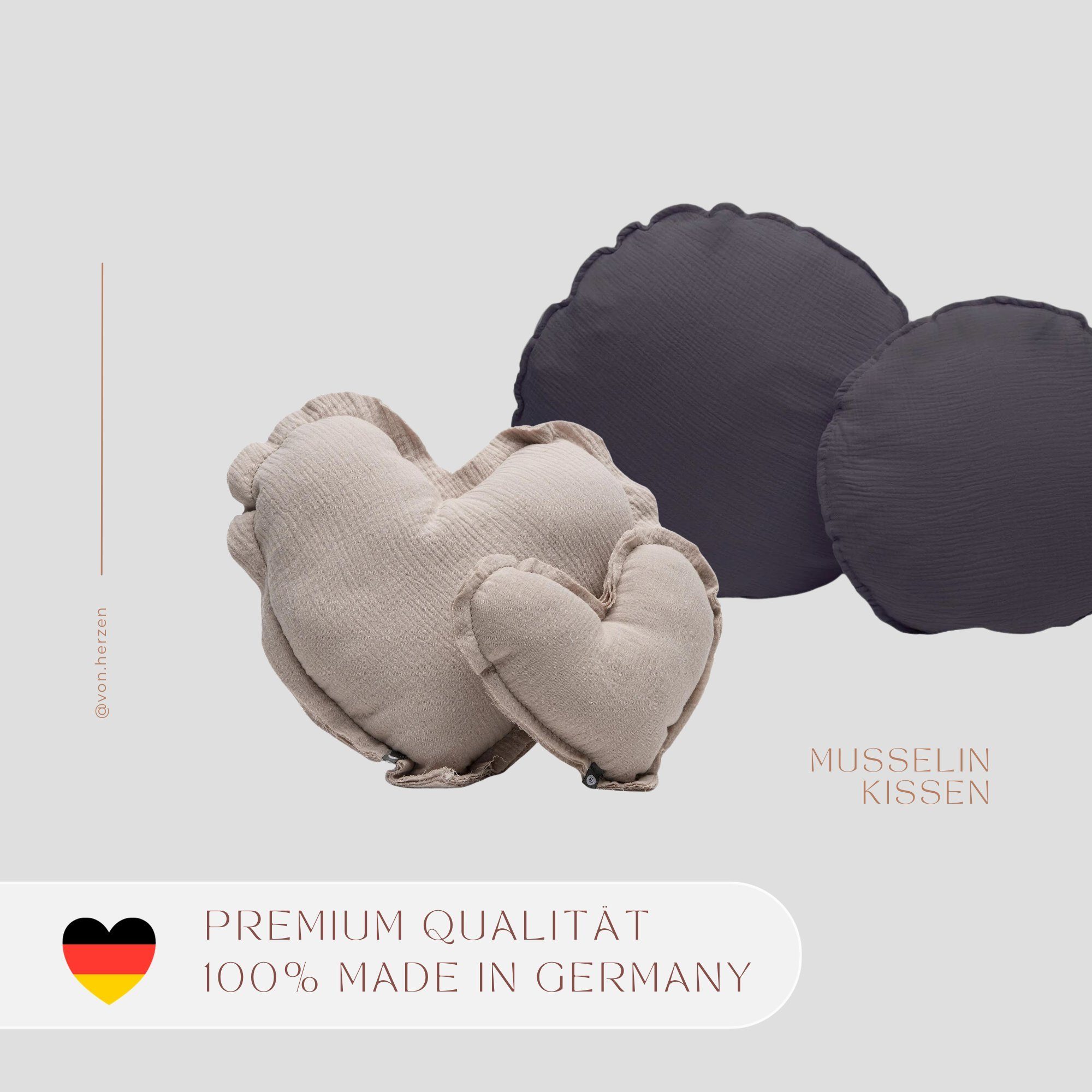von Herzen Babykissen Musselinkissen Herz aus 100% Baumwolle, Dekokissen Kuschelkissen