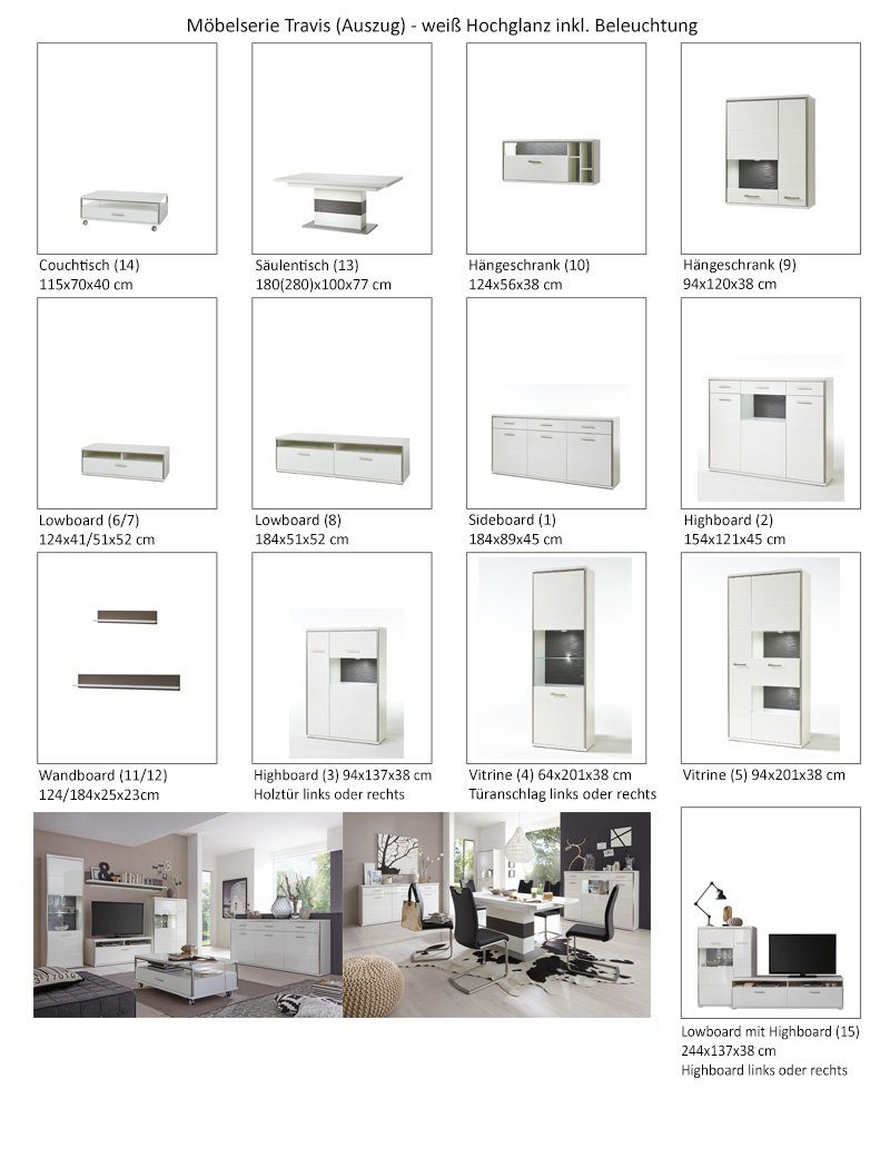 expendio Wohnzimmer-Set Travis 144, (Spar-Set, 7-St), weiß Hochglanz montiert LED + Softclose + 4x Stuhl Kunstleder schwarz