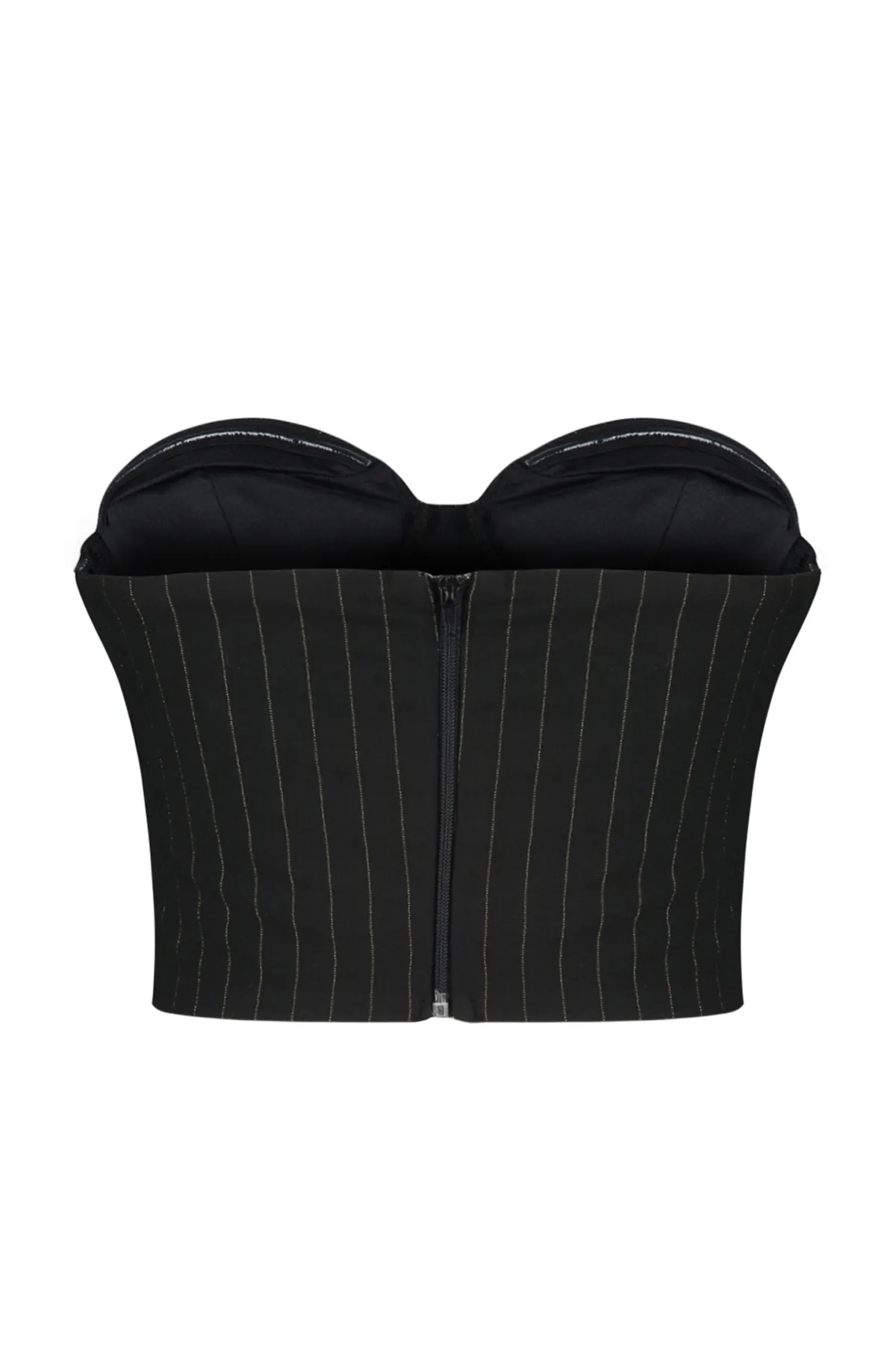 Trendyol Collection  Schwarz gestreiftes, tailliertes, glänzendes, bauchfreies Polyviscon-Bustier TPRAW24BS00013