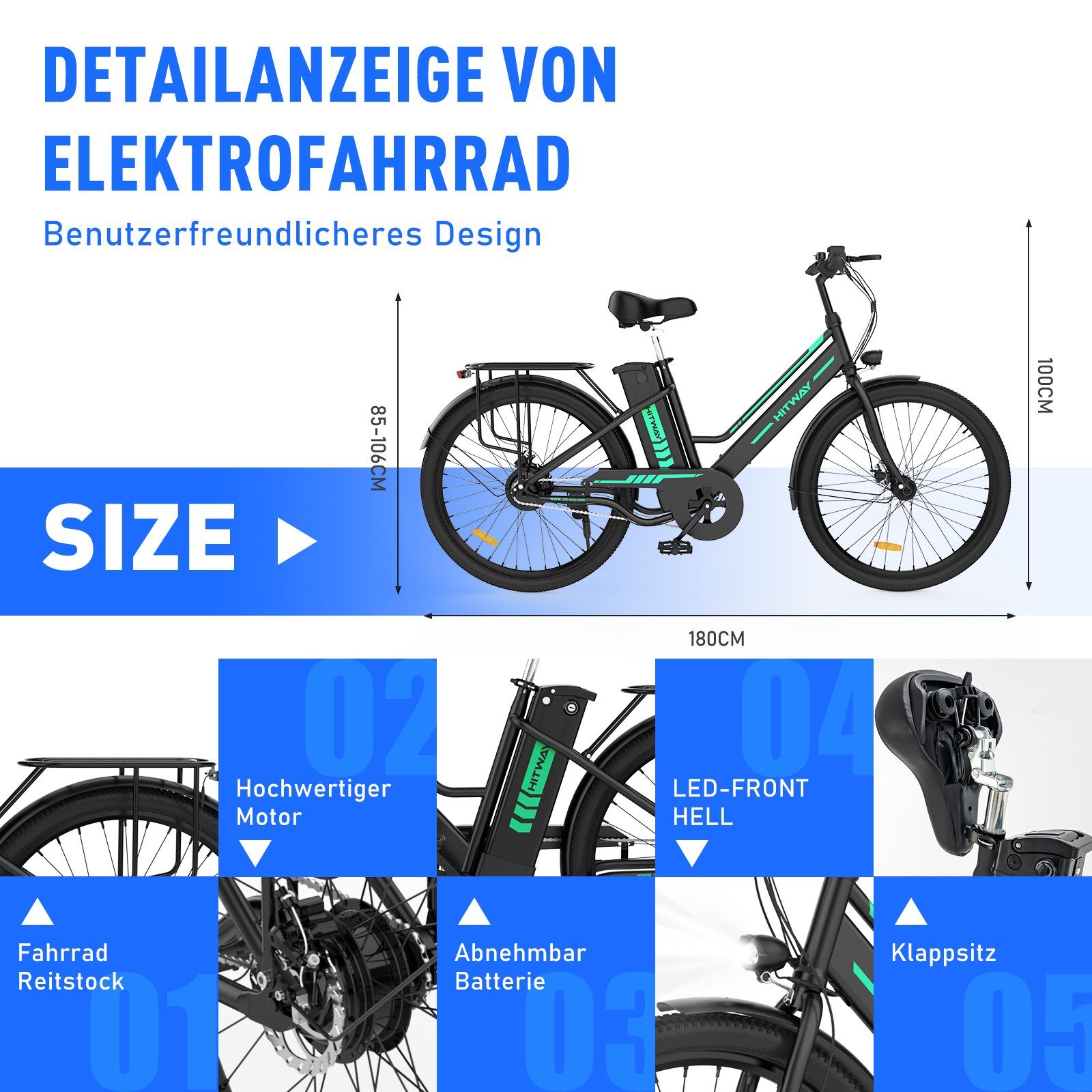 HITWAY E-Bike, 250W E-fahrräde 36V8.4AH Abnehmbarer Akku Hollandräder