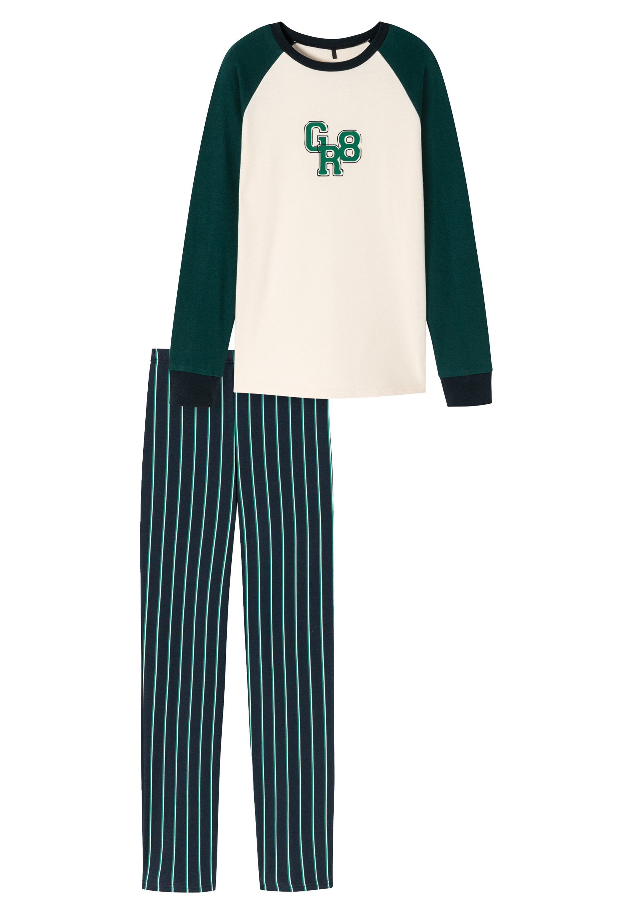 Schiesser Pyjama Nightwear Organic Cotton (Set, 2 tlg) Schlafanzug - Baumwolle - Farblich abgesetzte Raglanärmel
