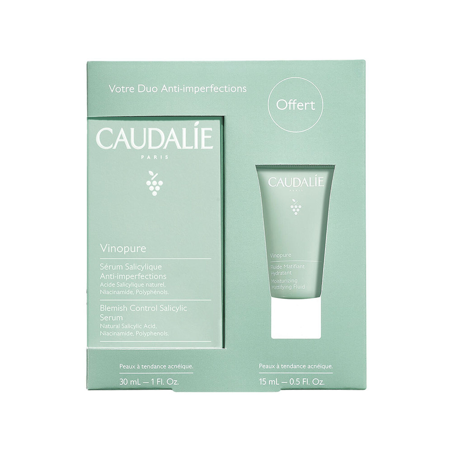 Caudalie Vinopure Coffret Sérum Salicylique Anti-imperfections 30 ml + Fluide Matifiant Hydratant 15 ml