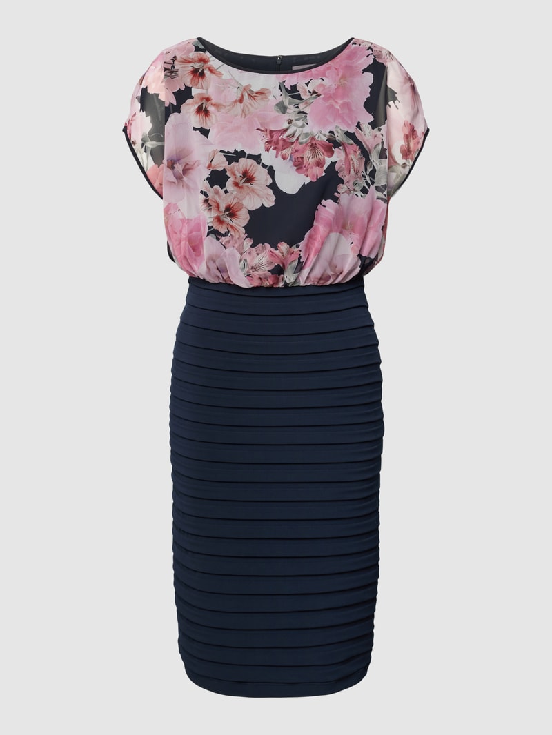 Knielanges Cocktailkleid mit floralem Muster in marineblau meliert