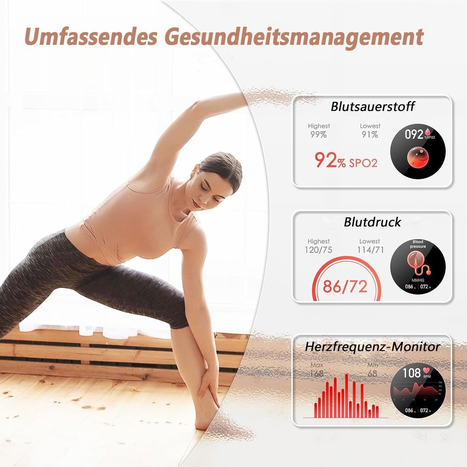 Yuede Smartwatch Damen Herren,Neueste Runde Fitness Uhr mit Anruffunktion Smartwatch (1,46 Zoll TFT HD Explosionssicherer gehärteter Glasbildschirm Zoll) Fitness Tracker Armbanduhr mit Schrittzähler, Blutsauerstoff, Blutdruckmessung, Schlafqualität,