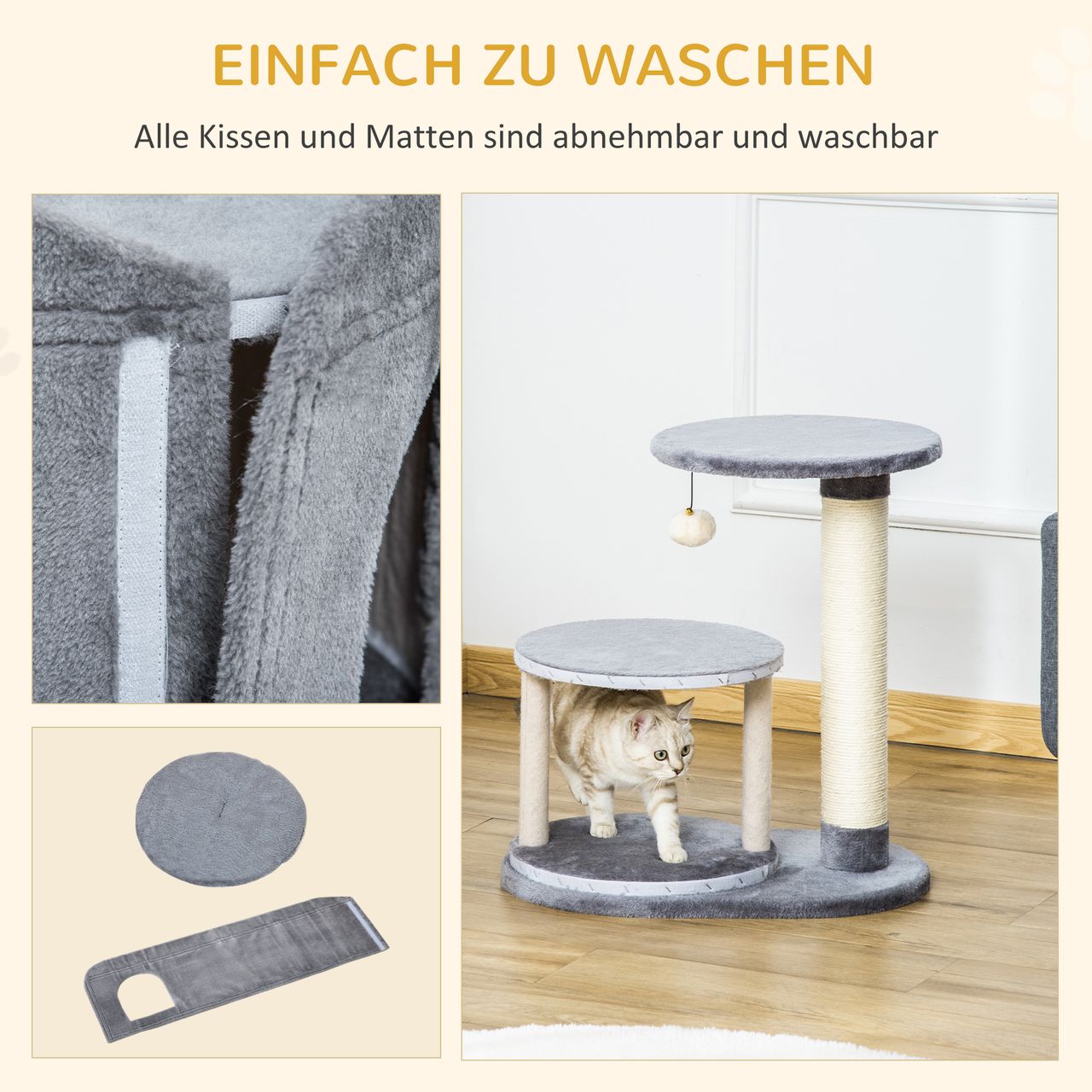 PawHut Kratzbaum Katzenbaum mit Katzenhöhle Spielball Katzenkratzbaum Sisalseil-Kratzstangen Grau 55 x 36 x 59 cm
