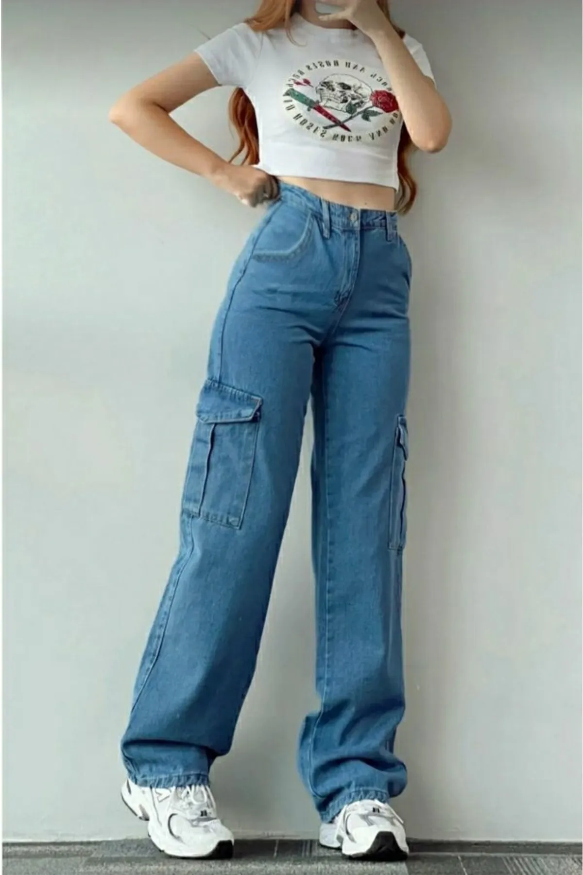 Trn JNS  Hayley Damen-Palazzo-Jeans in mittelblauer Cargo-Tasche ohne Gesäßtasche mit extra hoher Taille