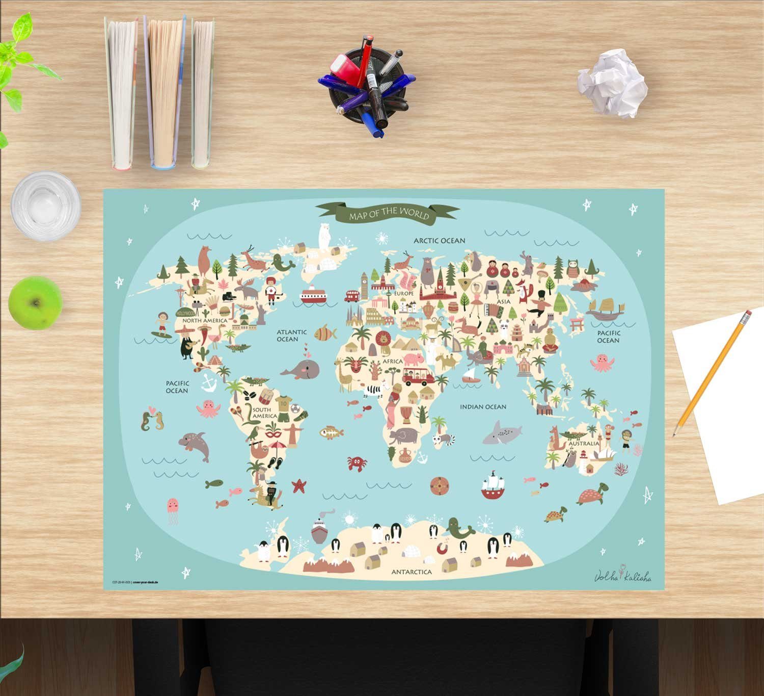 cover-your-desk.de Schreibtischaufsatz Schreibtischunterlage für Kinder – Weltkarte – 60 x 40 cm – aus hochwertigem Vinyl, (1-St)