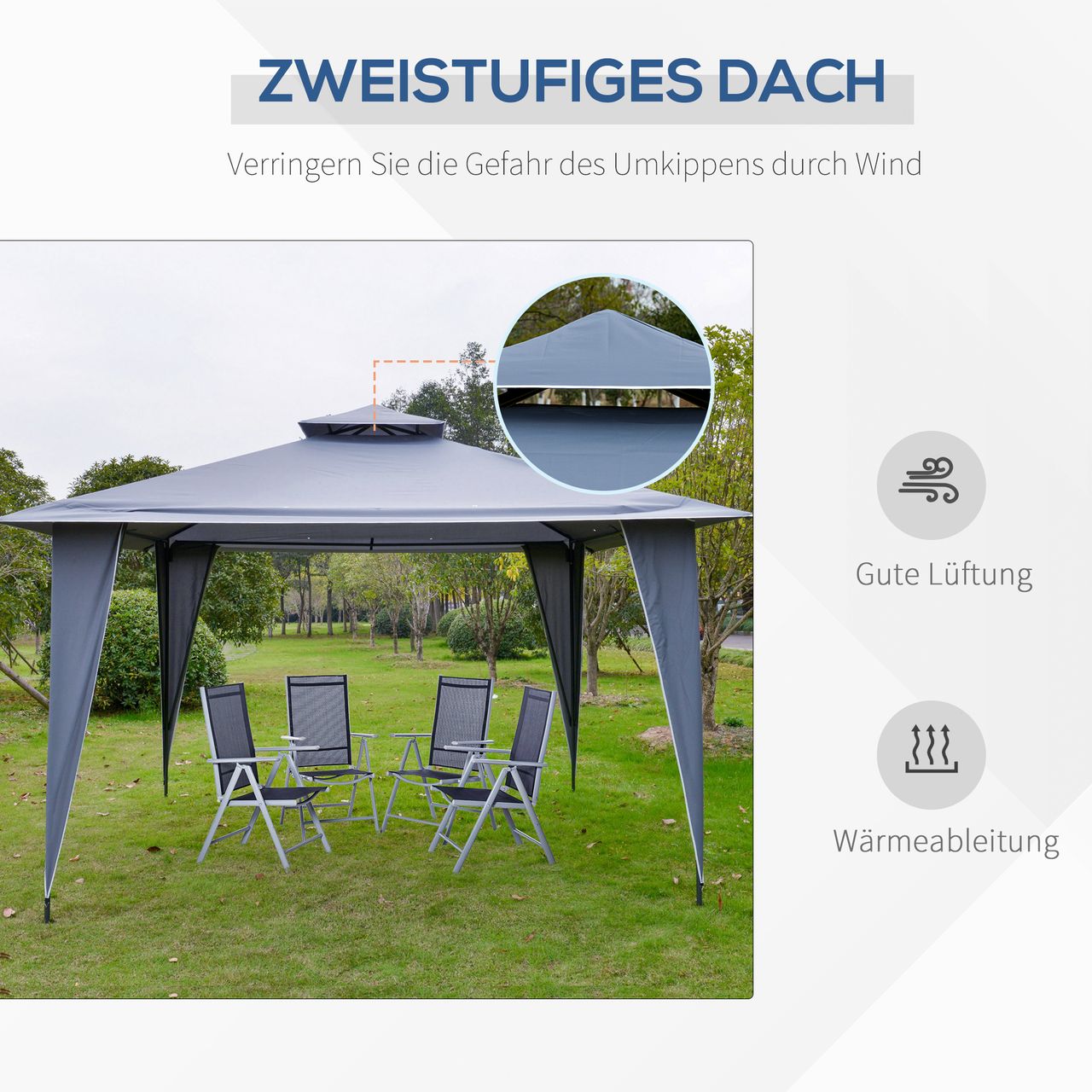 Outsunny Pavillon Partyzelt mit Doppeldach 3,5x3,5x2,7m Festzelt Gartenlaube Metall Polyester Grau