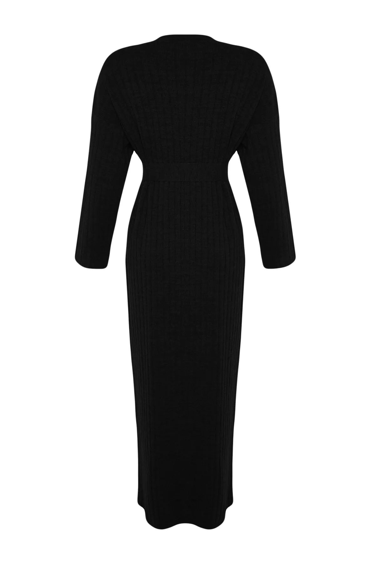 Trendyol Modest  Schwarzes Rippstrickkleid mit Gürtel TCTAW24EB00008