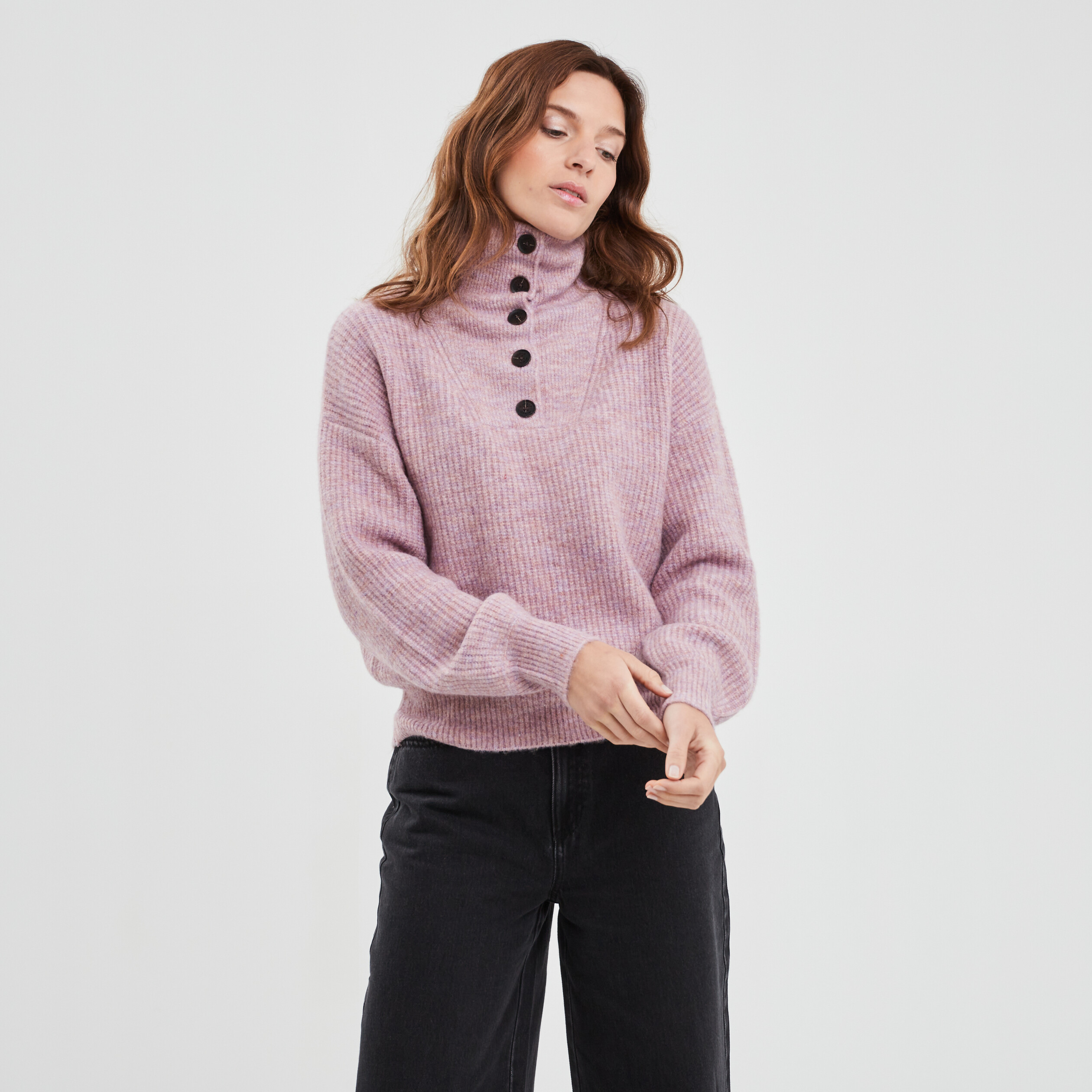 Pull col camionneur boutonné rose clair femme | La Halle