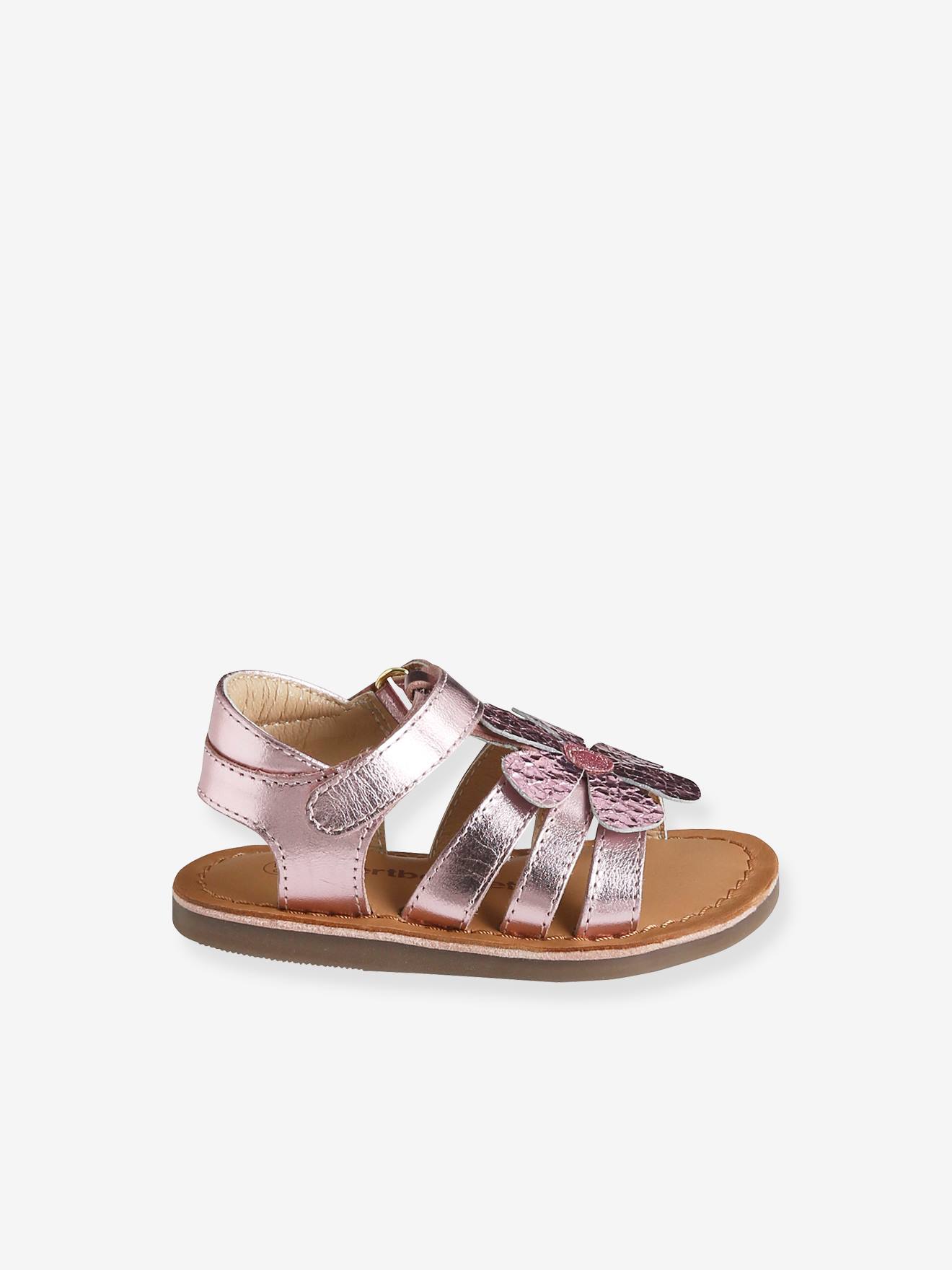 Sandales scratchées en cuir bébé fille rose