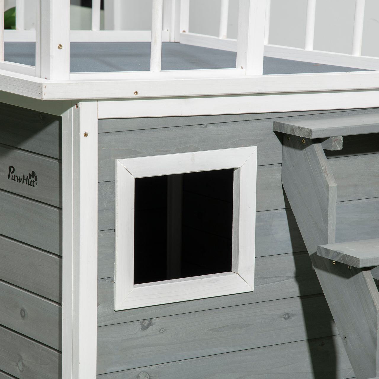 PawHut Hundehütte Hundehaus mit Balkon Erhöhtes Kleintierhaus mit Treppe Fenster
