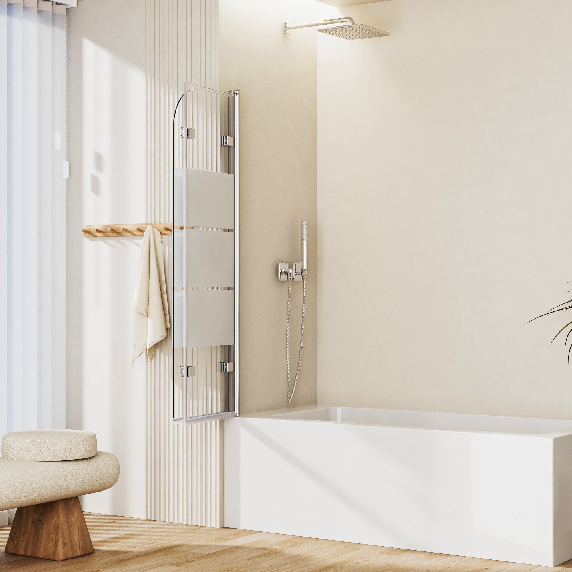 Boromal Badewannenaufsatz Duschwand für Badewanne Glas 3teilig 120x140cm klar/Gestreift für Glas, (Klarglas /Teilsatiniert glas), Badewannenfaltwand Glaswand 6mm ESG Glas
