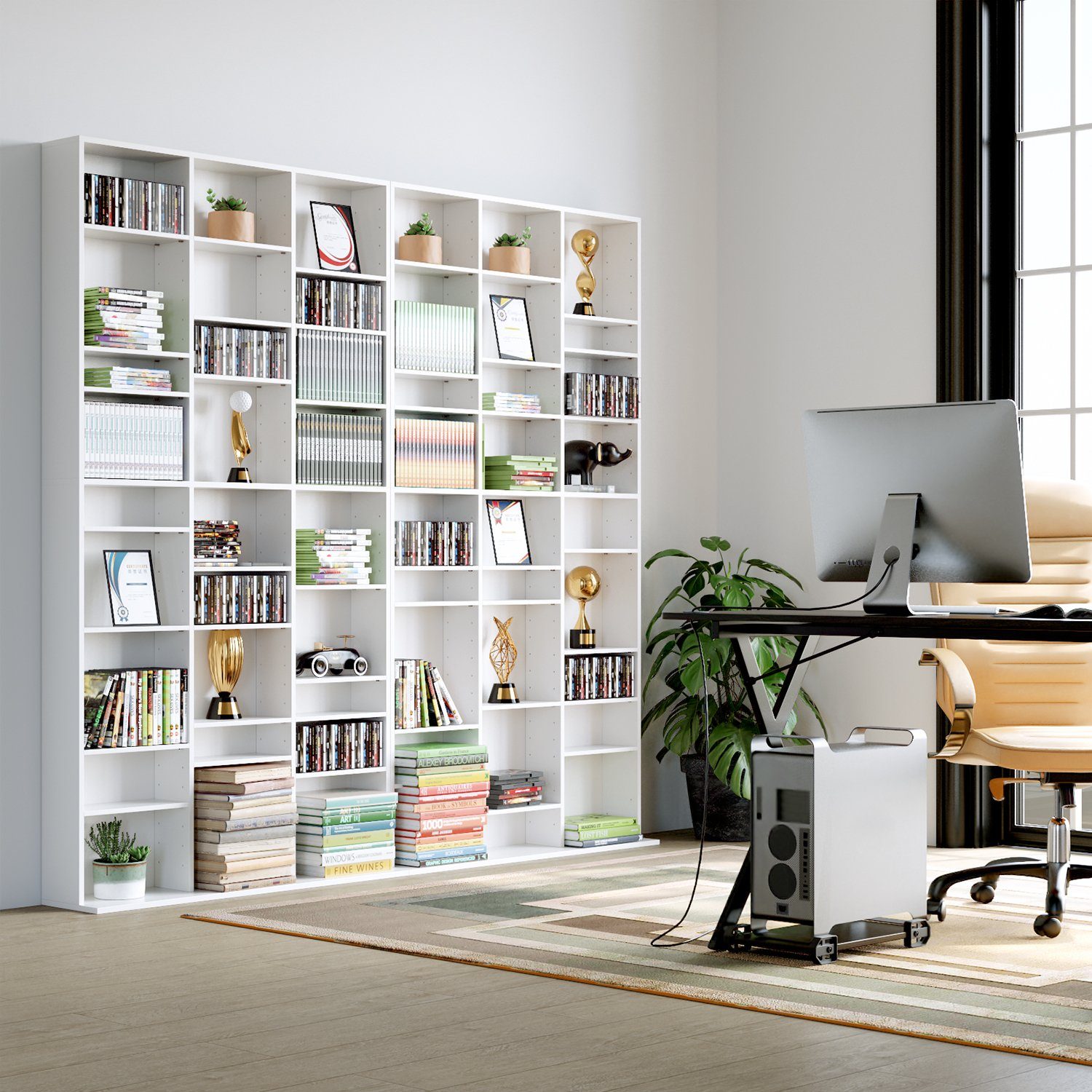 Homfa CD-Regal, DVD Ständer Bücherregal mit 27 Fächern höhenverstellbar weiß