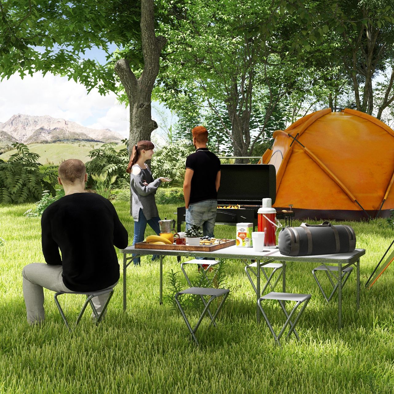 Outsunny Campingtisch Set, 180 x 60 cm Klapptisch mit 6 Stühlen für Picknick