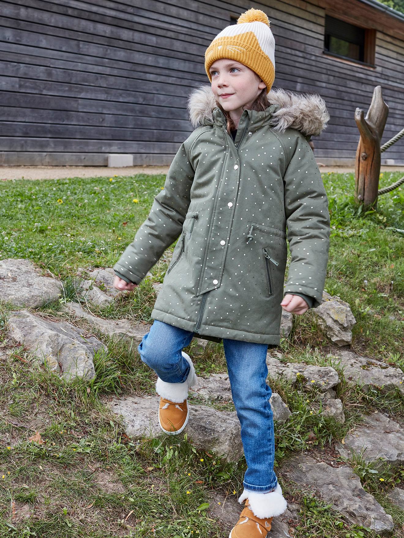 Parka à capuche à pois irisés fille vert clair