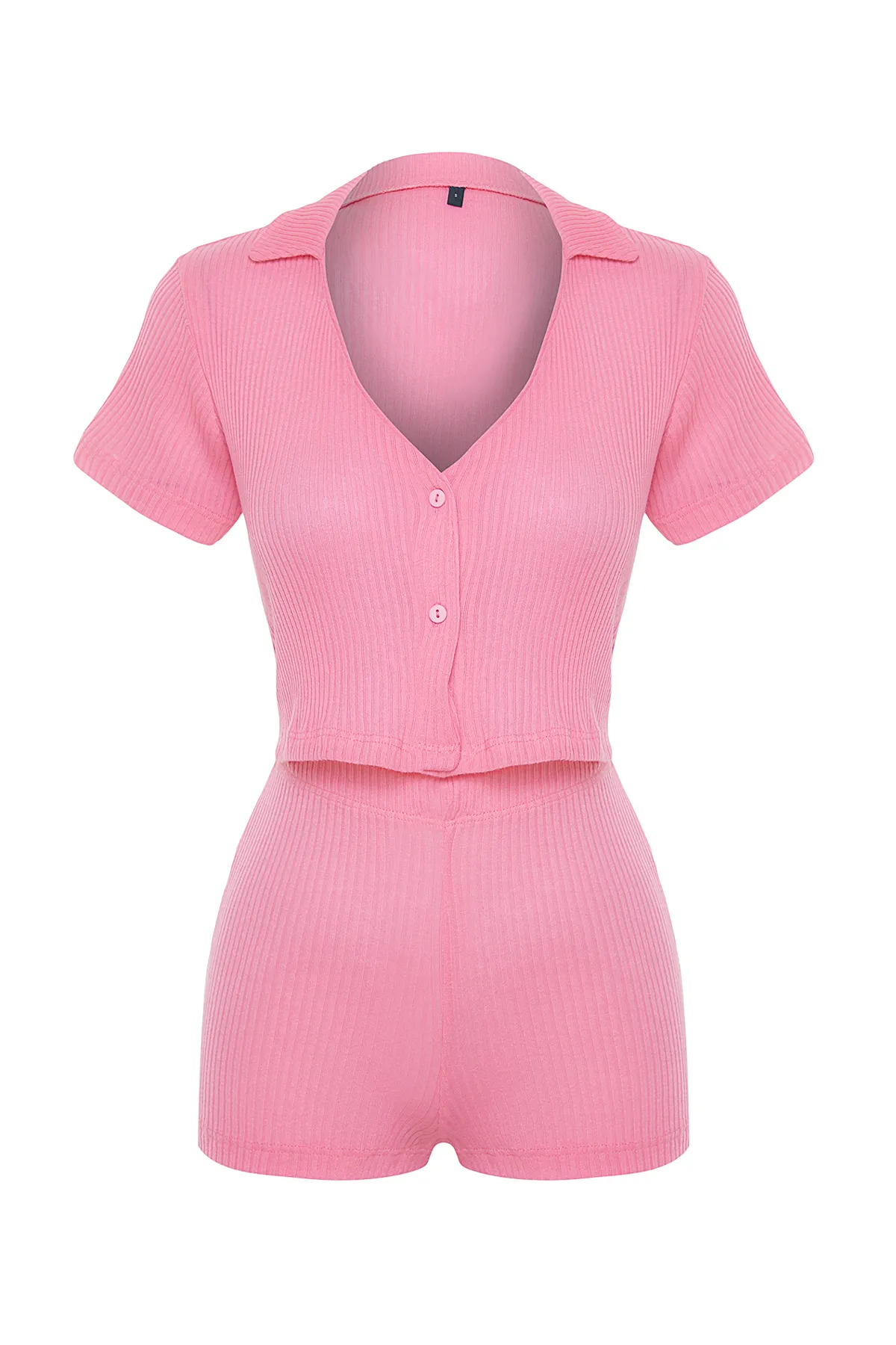 Trendyol Collection  Rosafarbenes Cord-Pyjama-Set mit kurzen T-Shirts und Shorts THMSS22PT0308