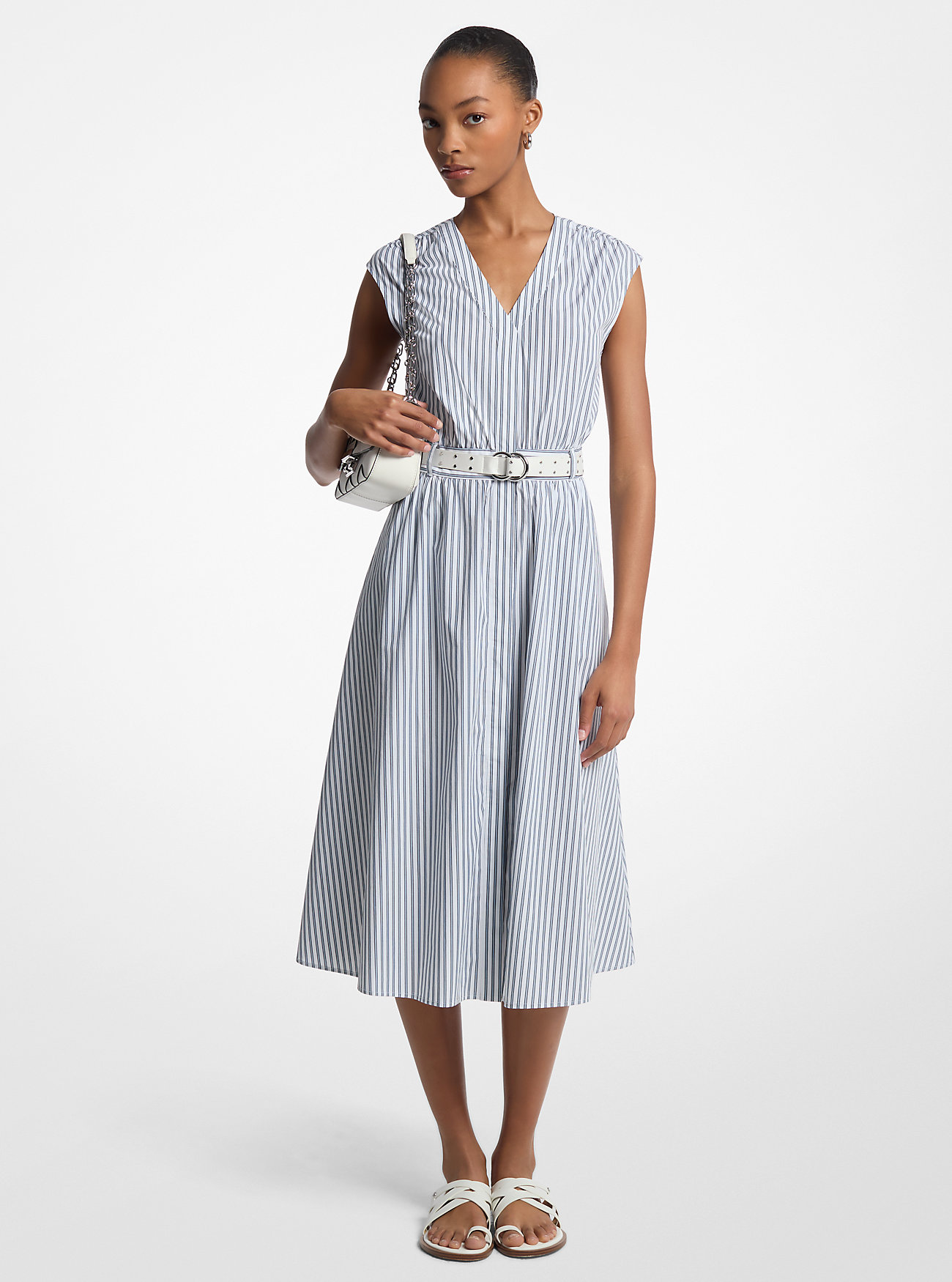 Abito midi a righe in popeline di cotone con cintura - BLU NOTTE