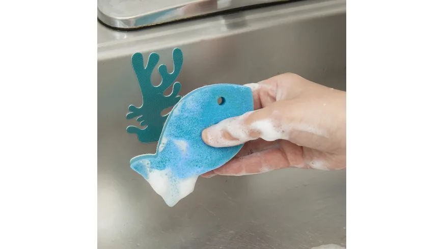 Kikkerland Schwamm Fisch + Halter Blau