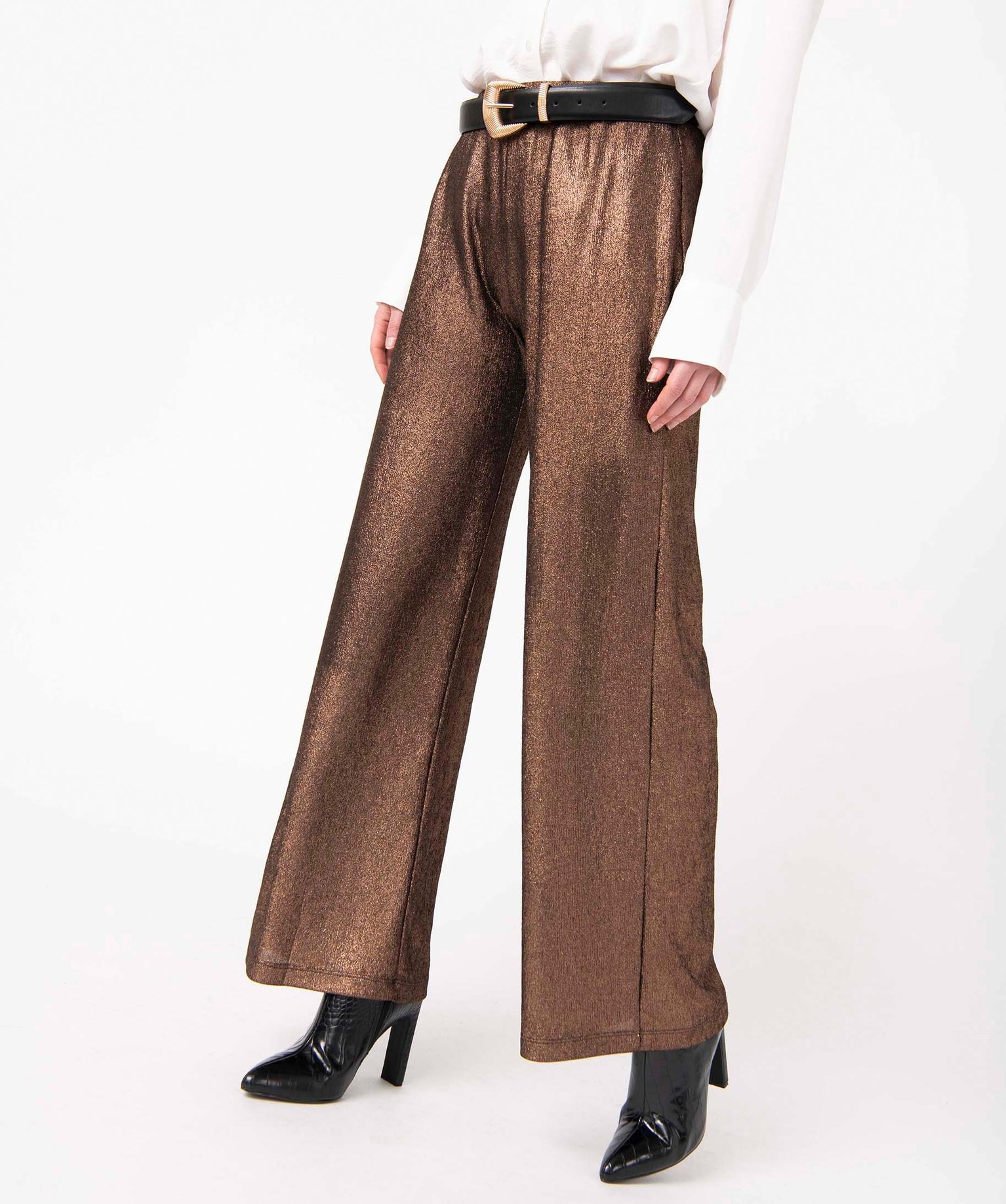 Pantalon femme en maille fluide pailletée marron | GEMO