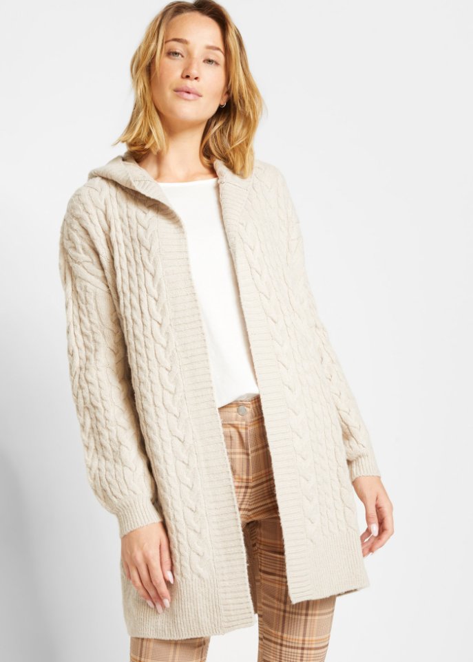 Strickjacke mit Zopfmuster und Kapuze