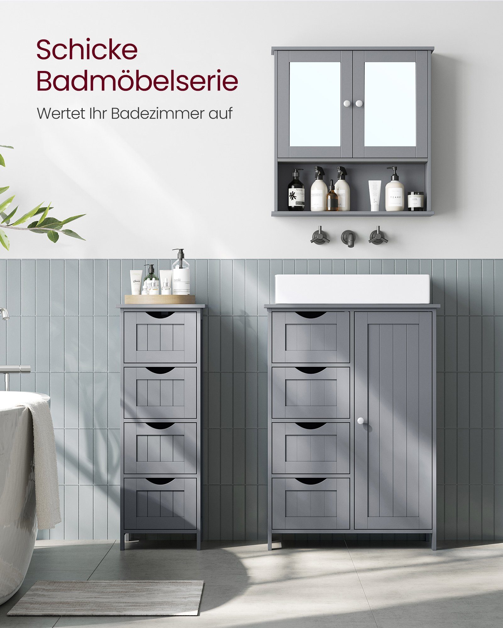 VASAGLE Spiegelschrank 2 Spiegeltüren und Ablage, verstellbare Regalebene
