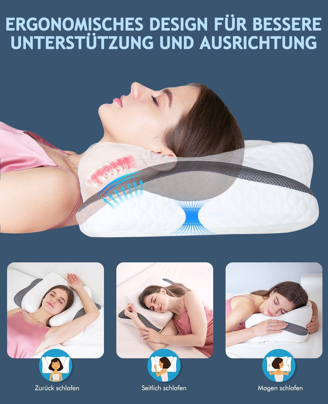 Nackenstützkissen 60X38cm Kopfkissen aus Memory Schaum, höhenverstellbare Schlafkissen, Elegear, Füllung: Memory-Foam, Rückenschläfer, Seitenschläfer, Bauchschläfer, gegen Nackenschmerzen
