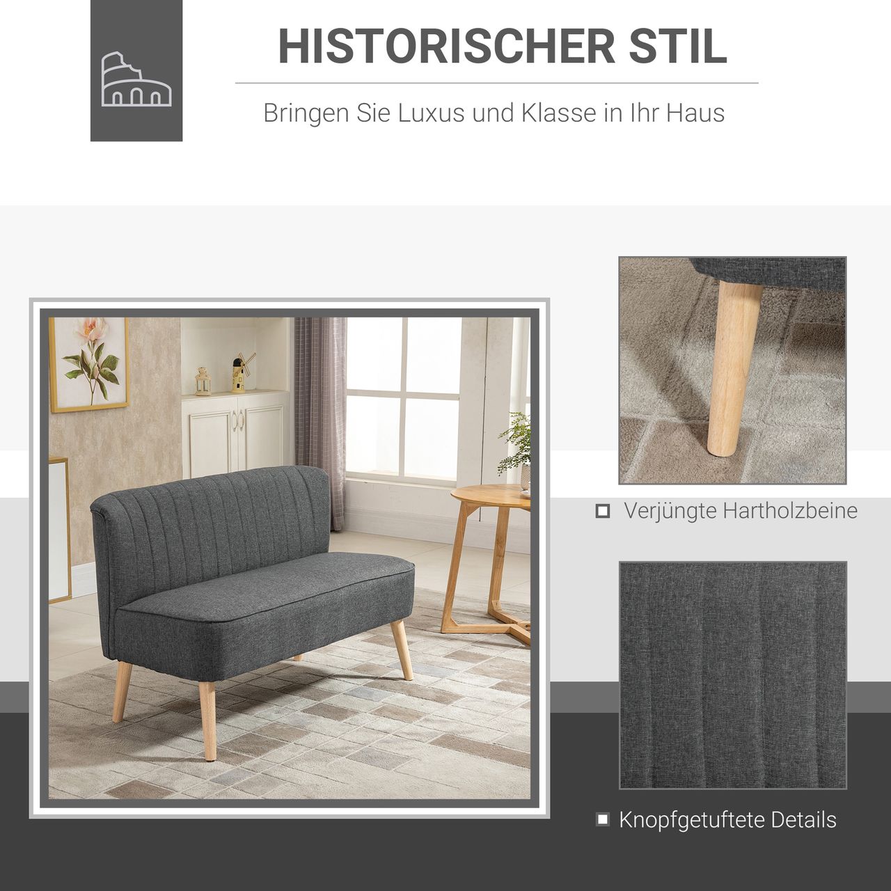 HOMCOM 2-Sitzer Stoffsofa Polstersofa Sitzmöbel Loungesofa Holz Schaumstoff Hellgrau 117 x 56,5 x 77 cm