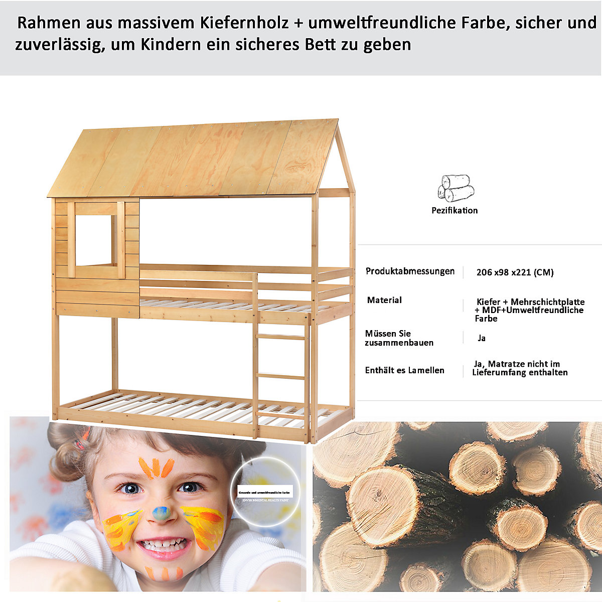 Etagenbett Kinderbett, Holz, Etagenbett 90 X 200 cm, Kinder hausbett, mit Dach, Leiter und Lattenrost