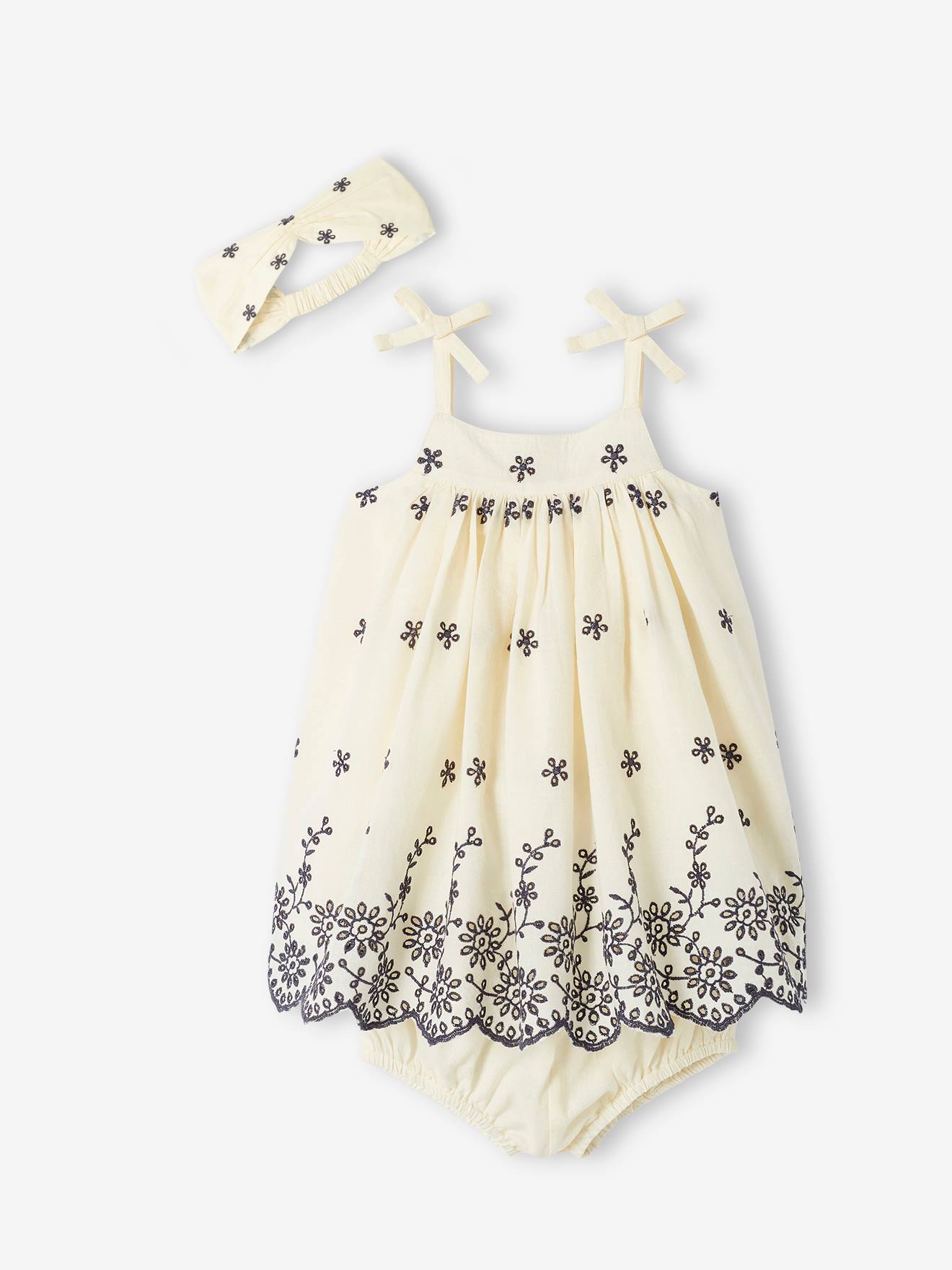 Vertbaudet Mädchen Baby-Set: Kleid, Shorts & Haarband - wollweiß