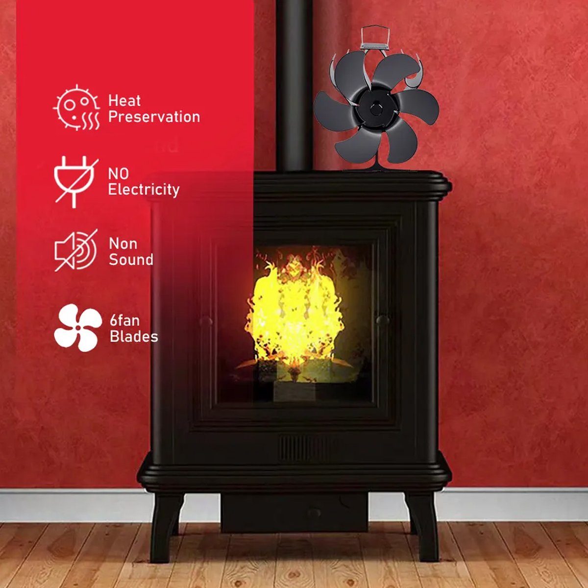 meeteu Kaminventilator 6 Flügel Stromloser Kaminofen Ventilator Stove Fan, Ofenventilator Kaminofen Gebläse Lüfter Holzofen
