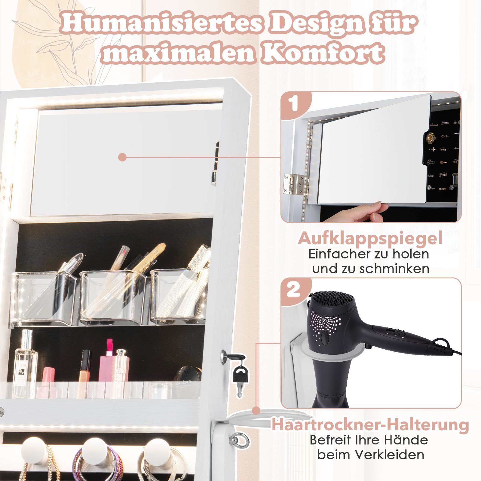 COSTWAY Schmuckschrank stehend, mit Spiegel & LED, abschließbar, weiß, 156 cm