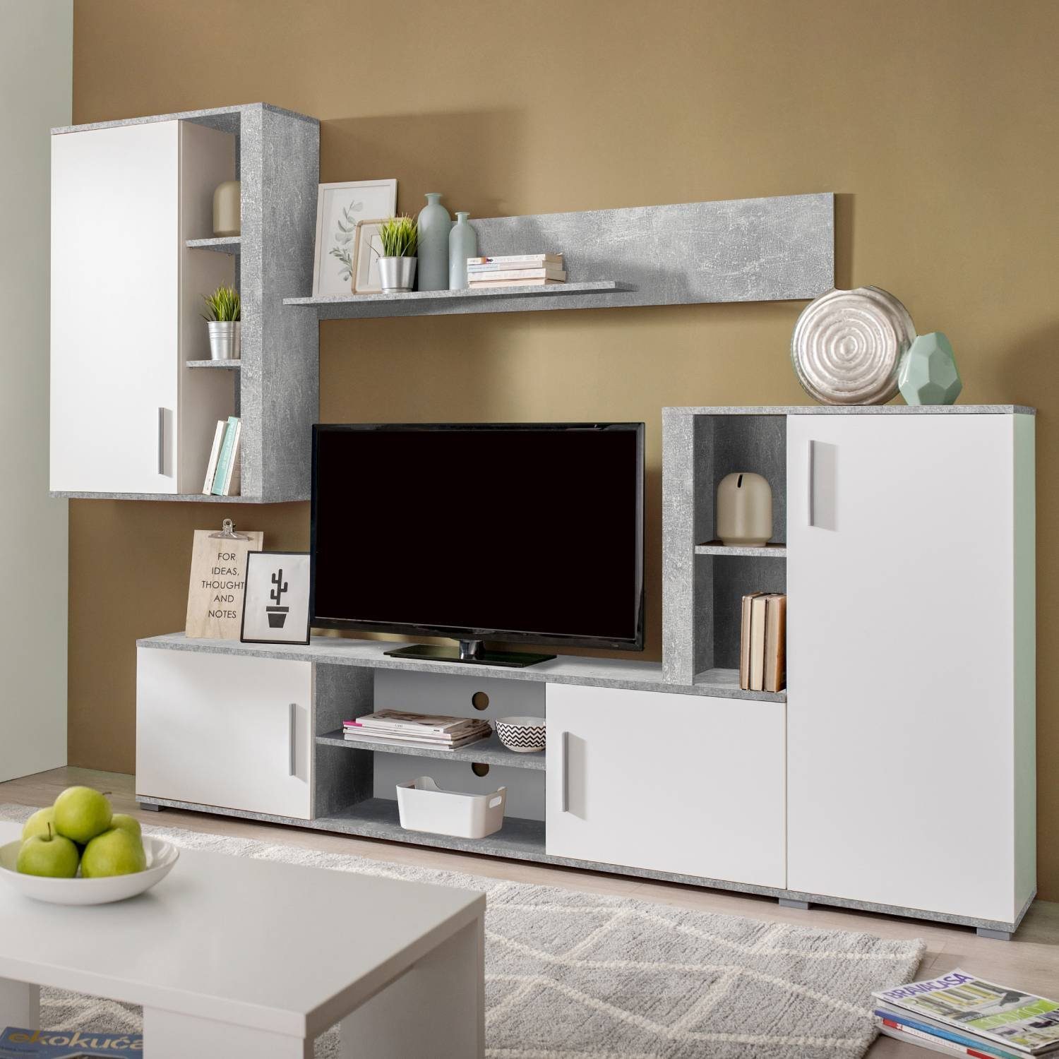 Homestyle4u Wohnwand Schrankwand Anbauwand Wohnzimmer-Set Modern Weiß Beton Optik Holz, (3-St)