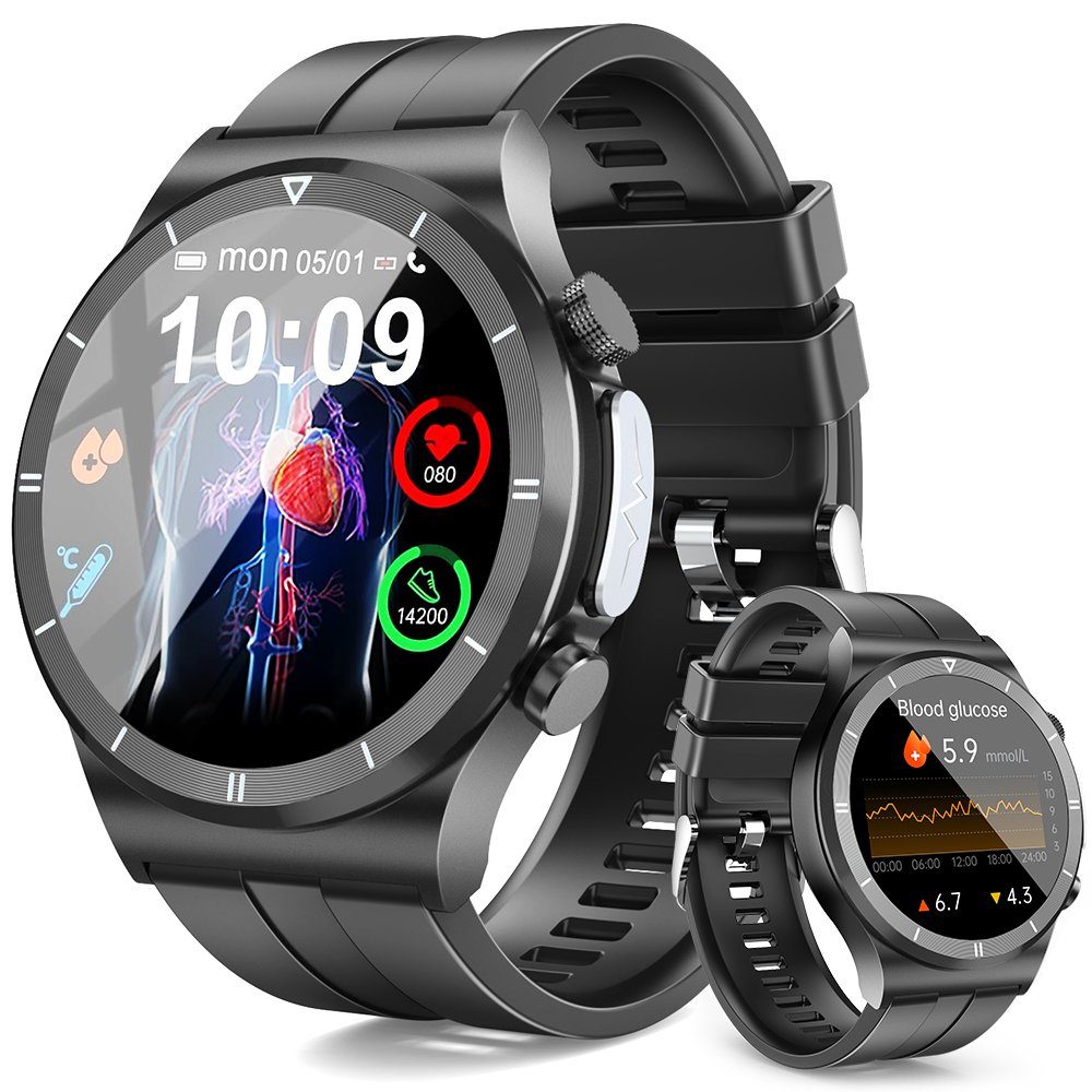 Powerwill Smartwatch Herren mit Blutzuckermessung, 24/7 Schlafmonitor Smartwatch, Pulsmesser, SpO2, 1,39