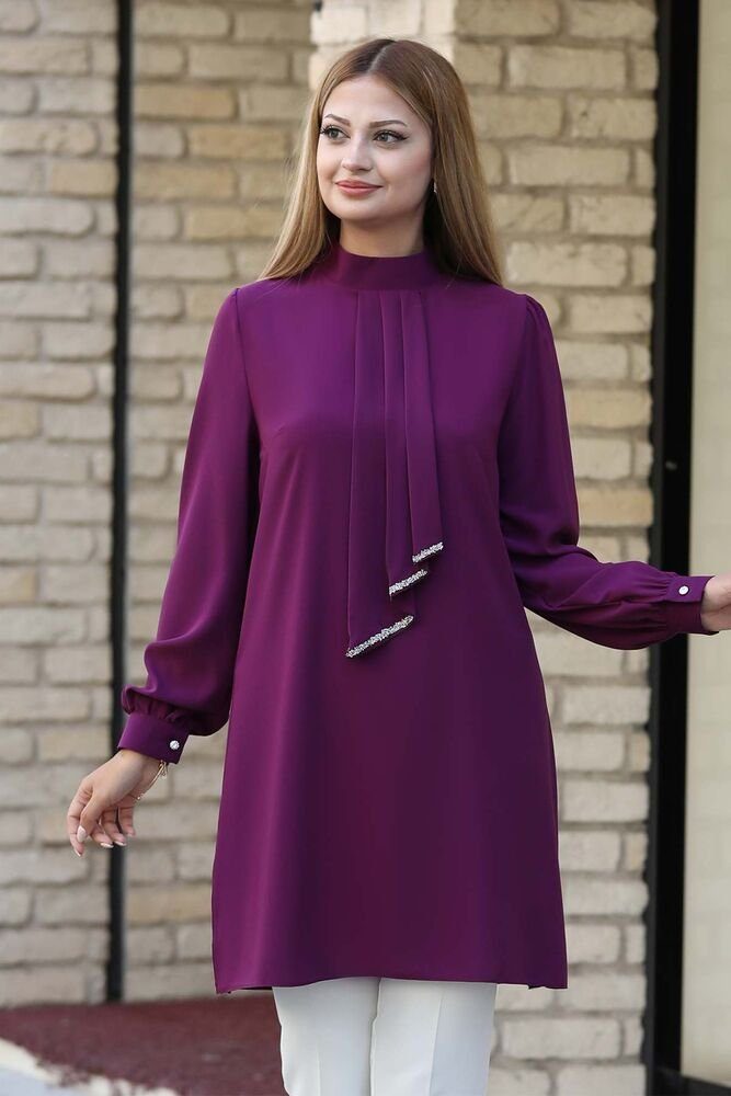 Modavitrini Longtunika Damen Tunika Hijab Mode lange Tunika Modest Fashion Krawatten Detail