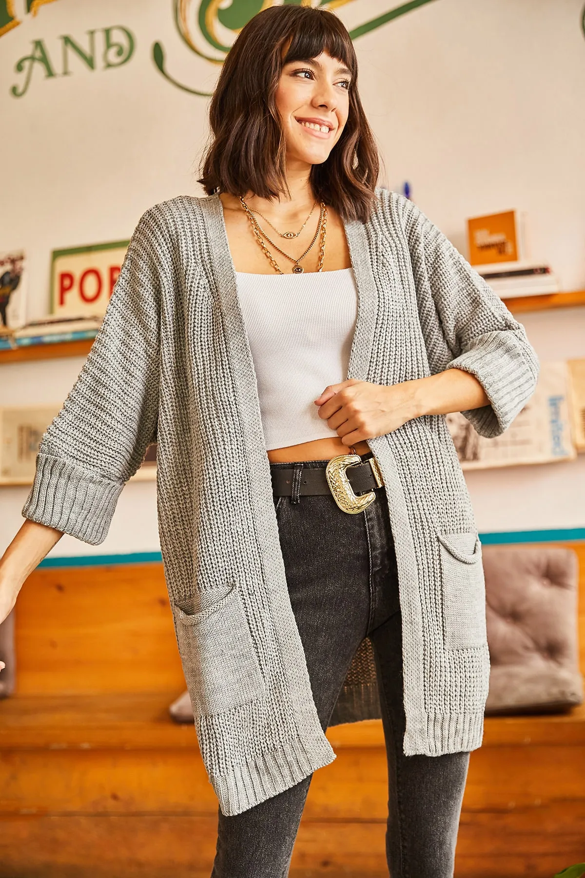 Olalook  Graue Strickjacke mit gefalteten Armtaschen für Damen HRK-19000123