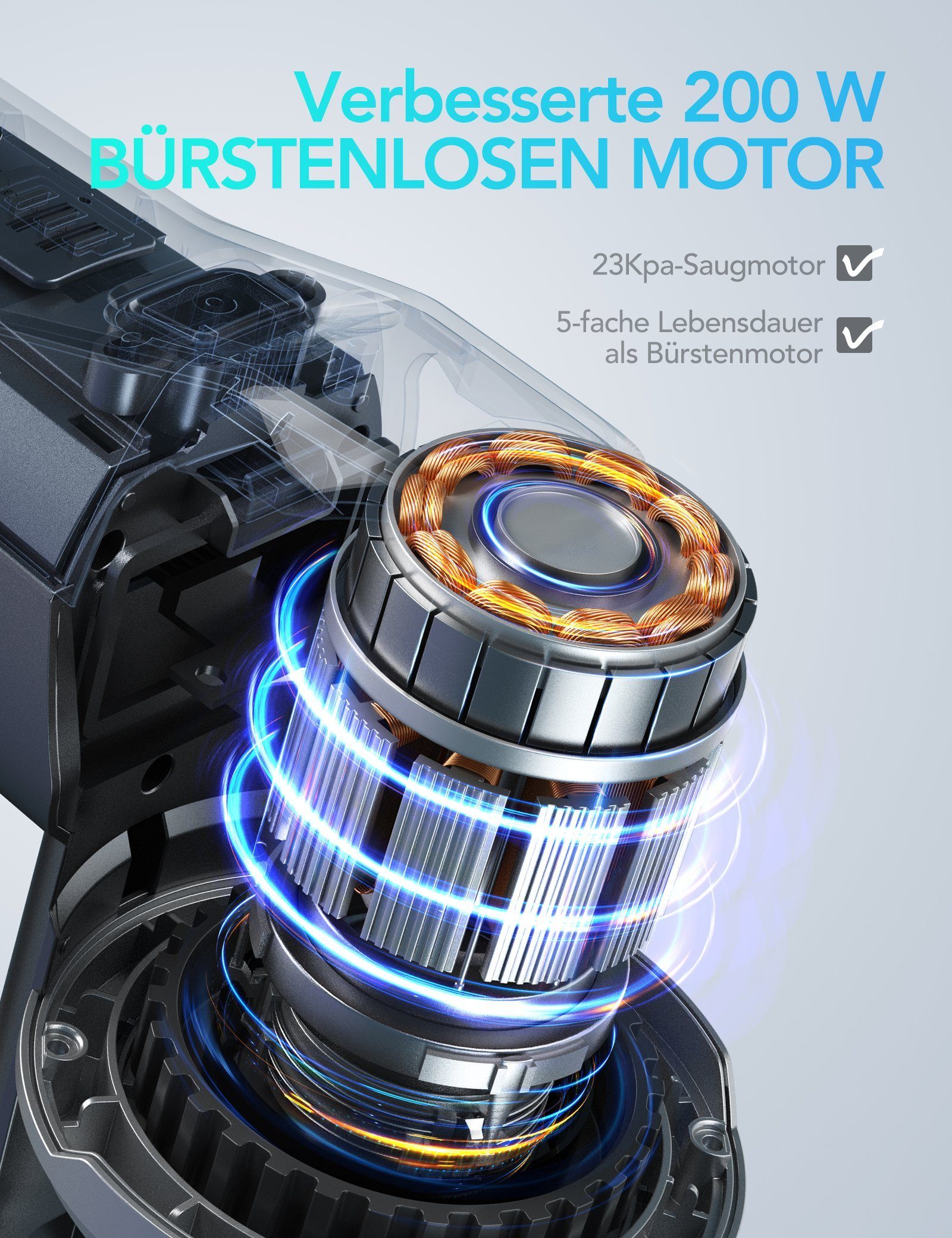 Greenote Akku-Stielstaubsauger GSC50, 23KPA, 4 in 1 Multifunktionaler Handstaubsauger, 200,00 W, Freistehender Akkusauger für Hartboden, Teppich, Tierhaare