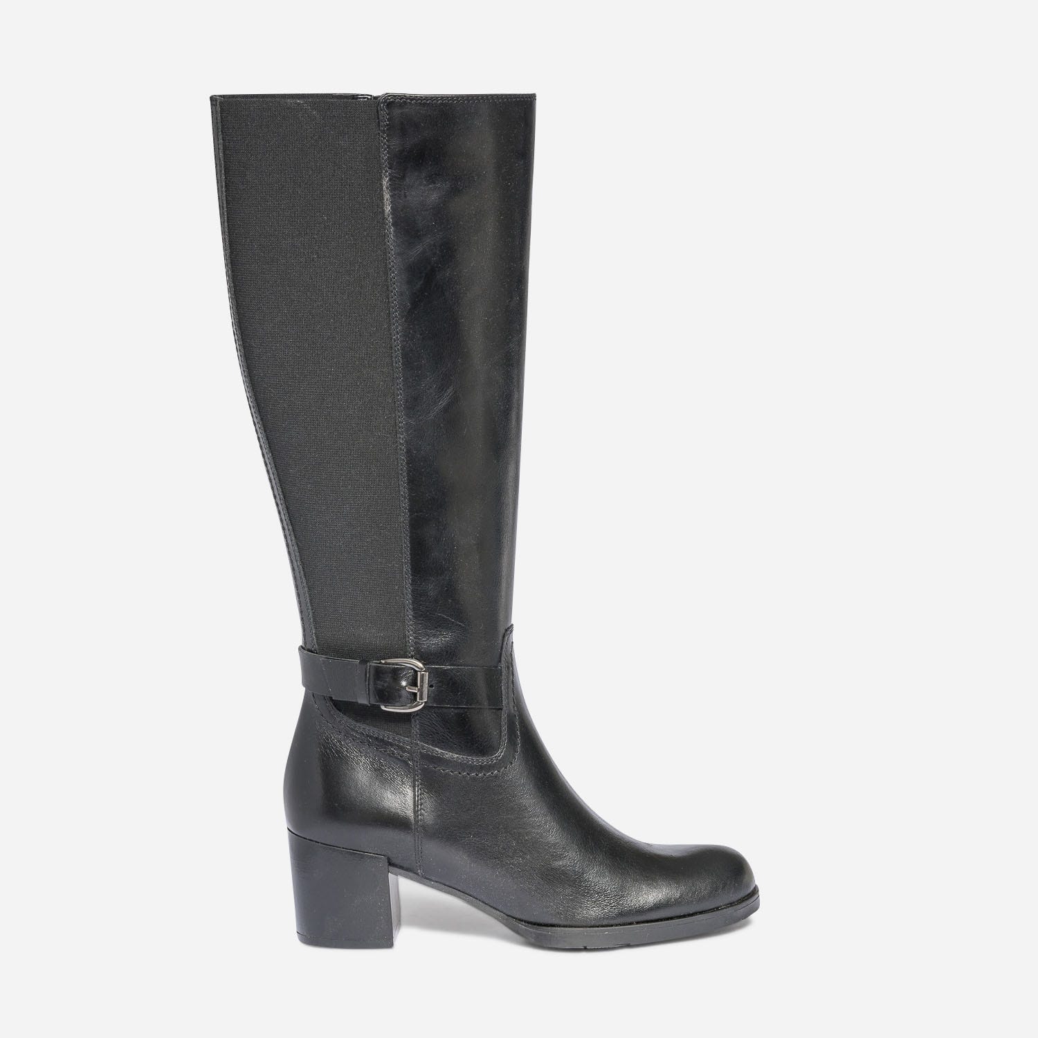 Botte à talon noire en cuir pour mollet fin