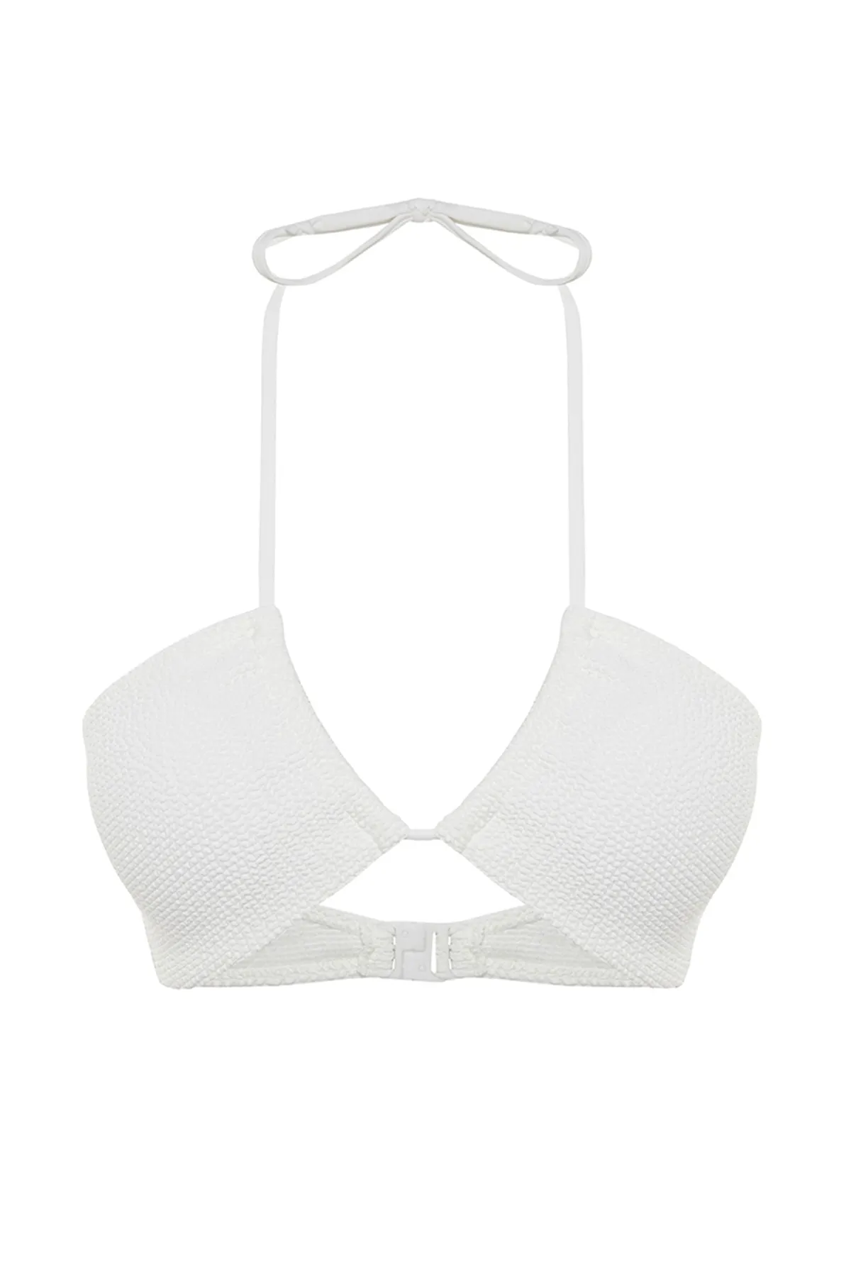 Trendyol Collection  Weißes, trägerloses, strukturiertes Bikinioberteil mit Ausschnitten/Fenstern TBESS23BU00247