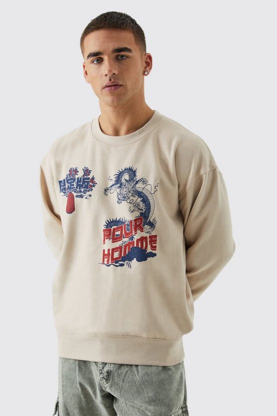 Oversize Sweatshirt mit Pour Homme Drachen Print