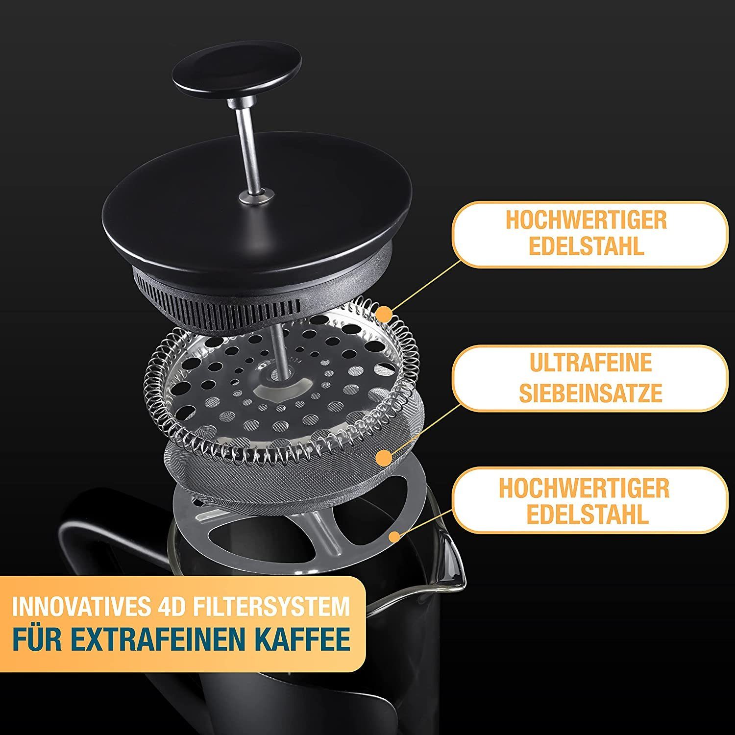 Thiru French Press Kanne Kaffeebereiter mit 4D Filtersystem, Edelstahl & Glas