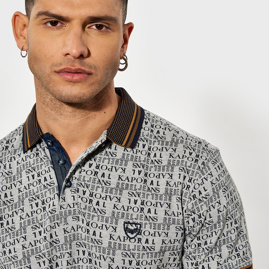 BORKY  Polo régular gris Homme imprimé allover en 100% coton