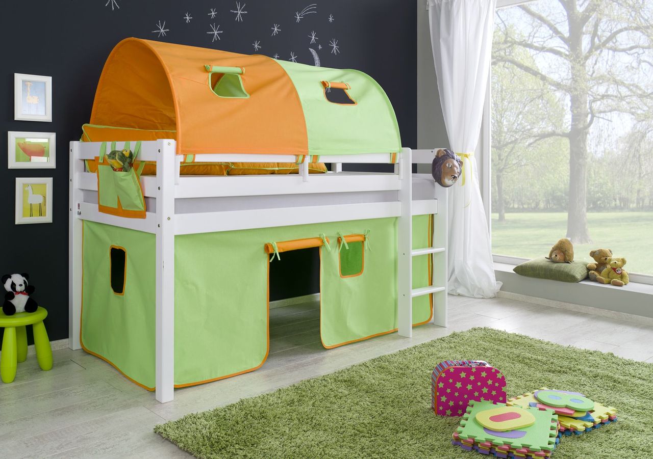 Relita Halbhohes Spielbett ALEX Buche massiv weiß lackiert mit Stoffset grün/orange