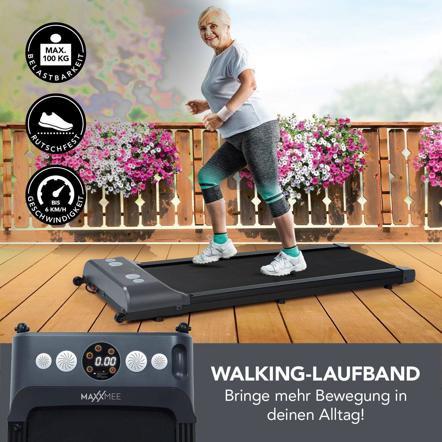 MAXXMEE Laufband Walken Joggen 1-6km/h bis 100 kg belastbar, rutschfest